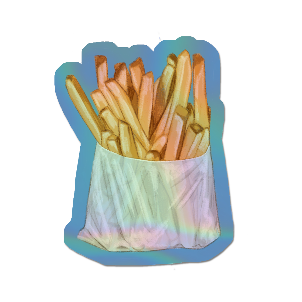 Illustrated fries Holographic die cut sticker.