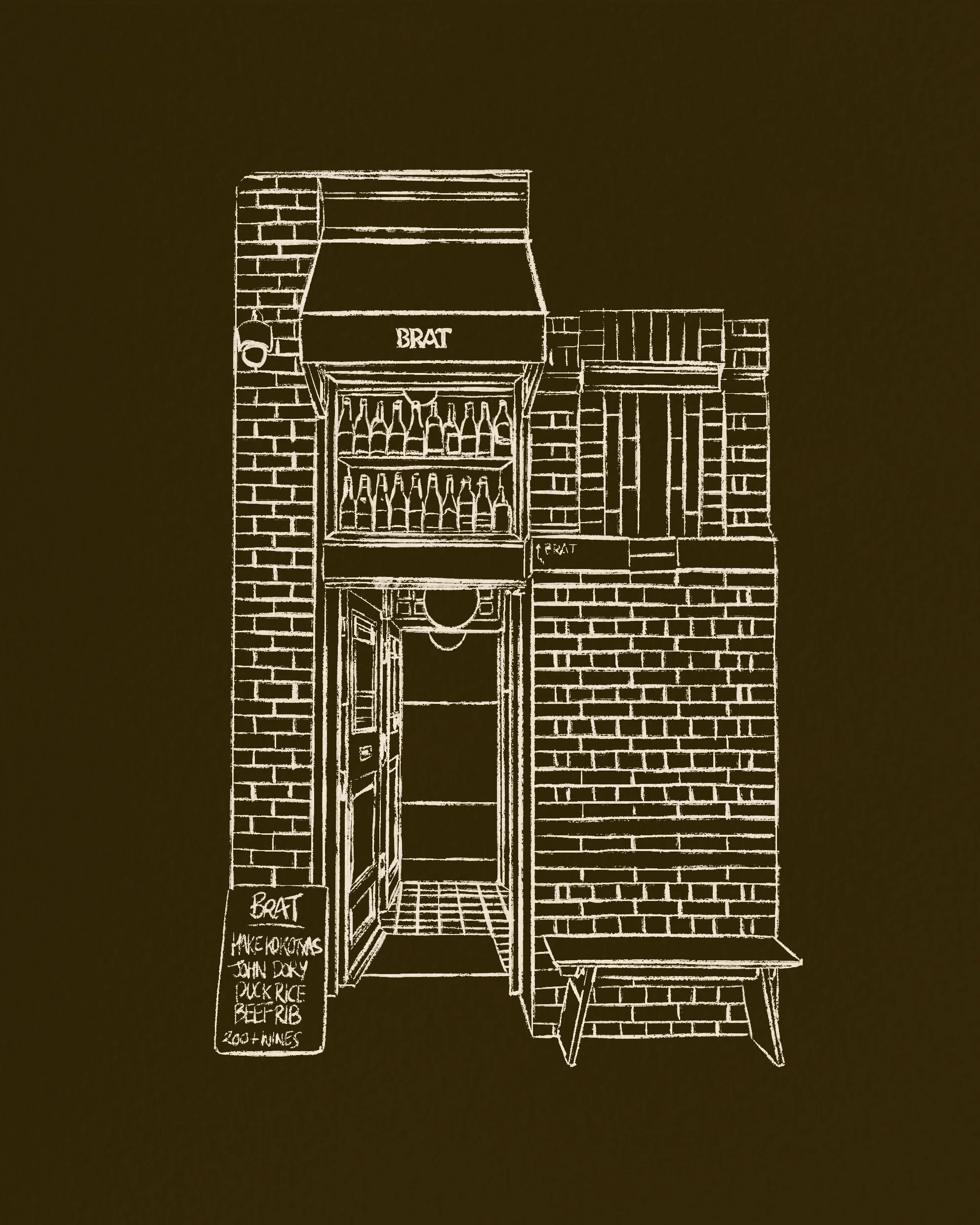 Illustration of restaurant front 'Brat'.