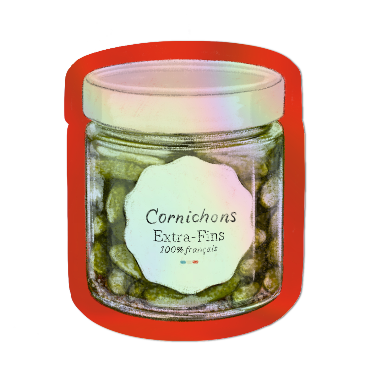 Illustrated Jar of cornichons Holographic die cut sticker.