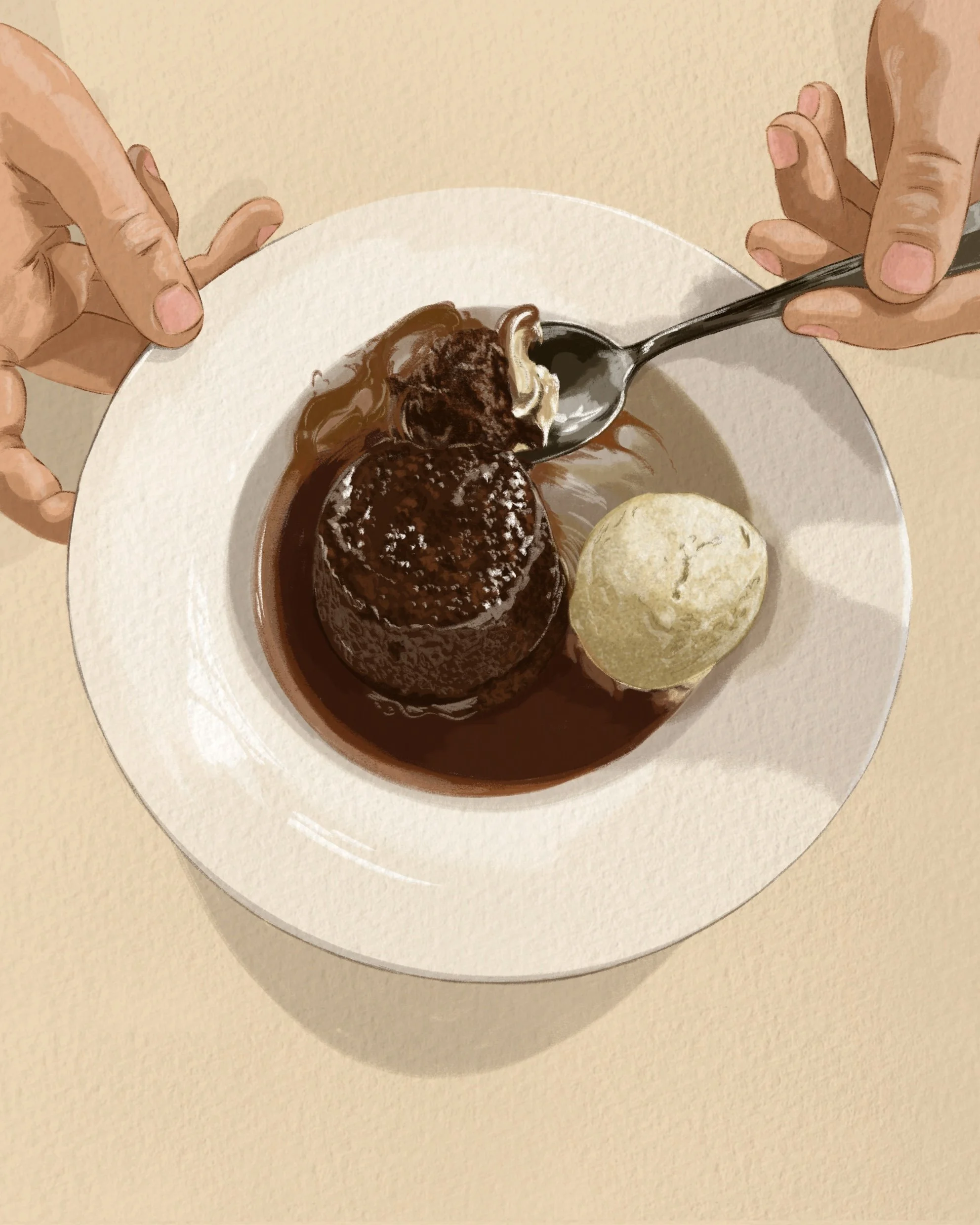 Illustration of some hands using a spoon with a sticky toffee pudding dessert in a bowl with a scoop of vanilla ice cream.