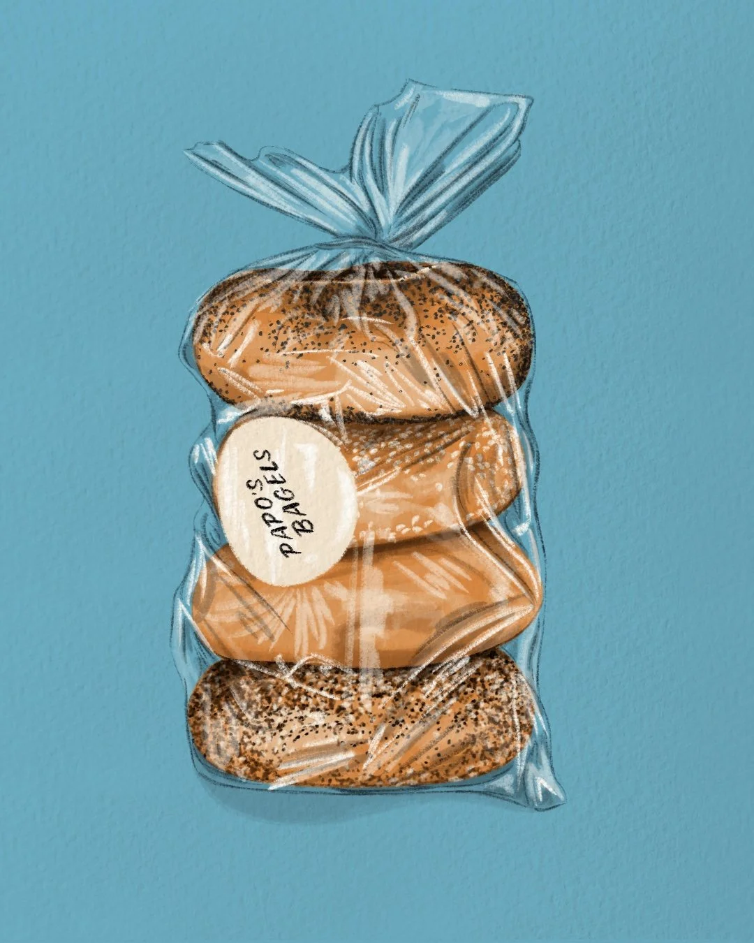 Illustration of a bag of four bagels labeled "Papos Bagels" on a blue background.