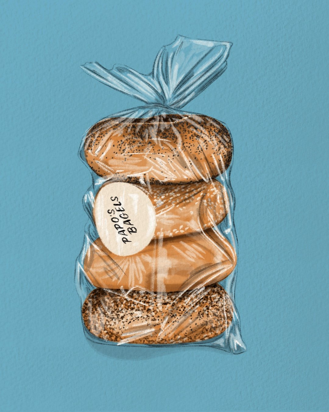 Illustration of a bag of four bagels labeled "Papos Bagels" on a blue background.