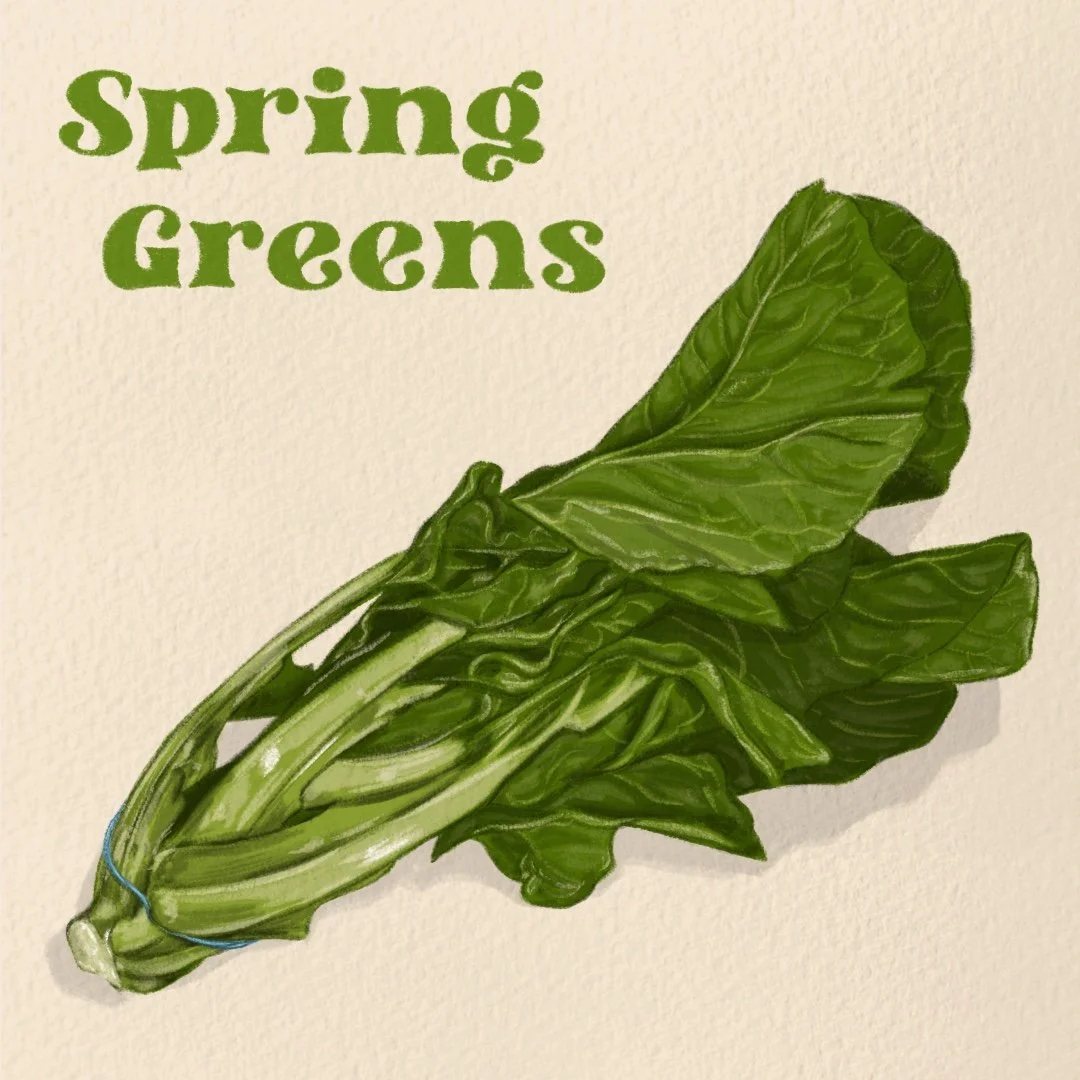 Illustrated Fresh green leafy spring greens with text 'Spring Greens' in green font.