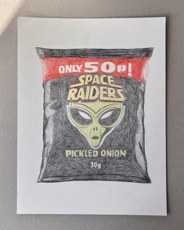 Hand-drawn illustration of a bag of space raiders pickled onion flavored snack chips, labeled 'ONLY 50p!', weighing '30g'.