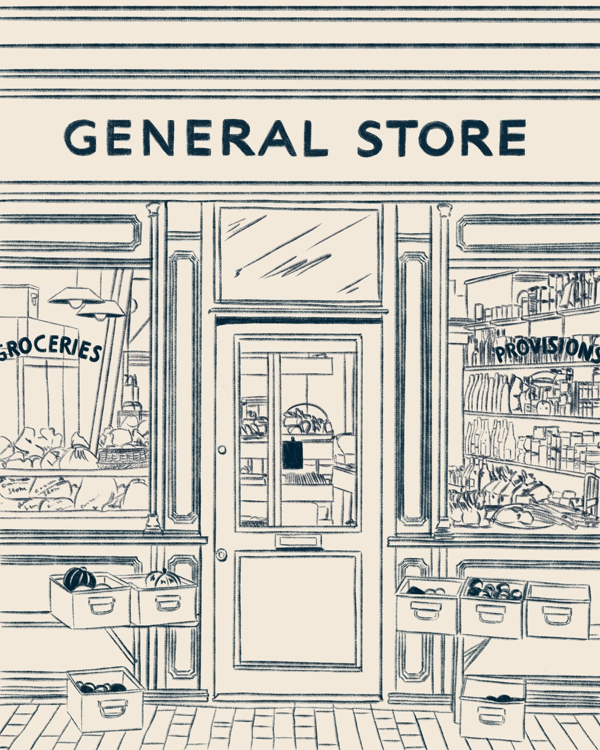 Line drawing of a grocery store exterior with signage reading 'General Store' above the entrance, displaying window displays with various produce and products.