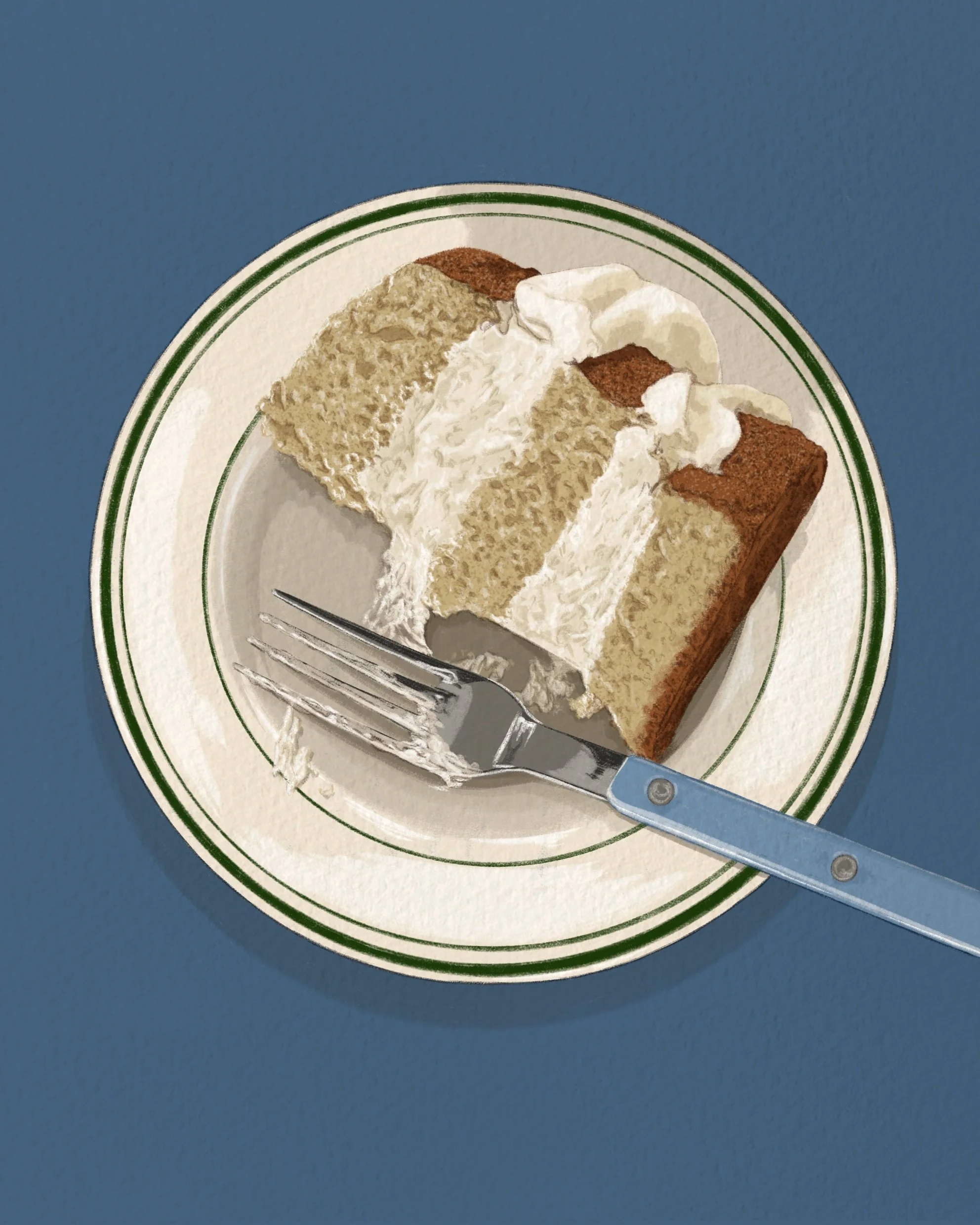 Illustration of a Slice of cake on a white plate with green stripes, with a fork resting on the plate, against a blue background.