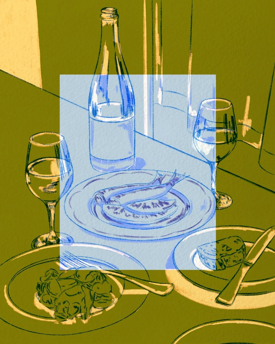 A drawing of a dining table with a bottle, two wine glasses, a plate with a fish, and two plates with different food items, with a mirror in the background reflecting part of the table.