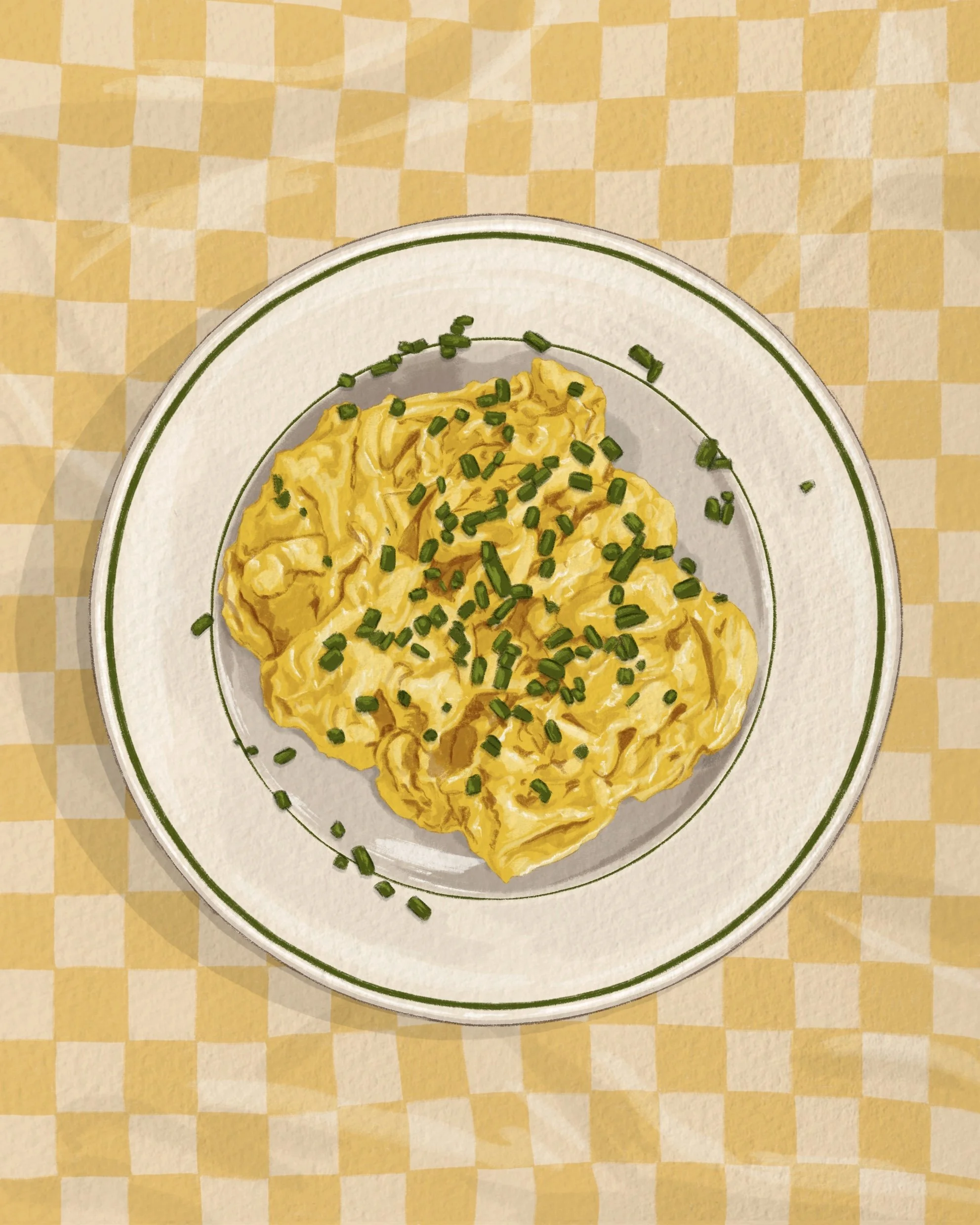 Illustration of a plate of scrambled eggs garnished with chives, placed on a yellow and white checkered tablecloth.