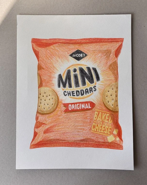 Colorful drawing of a bag of Jacob's Mini Cheddars Original Baked Cheese crackers with two crackers on the front.