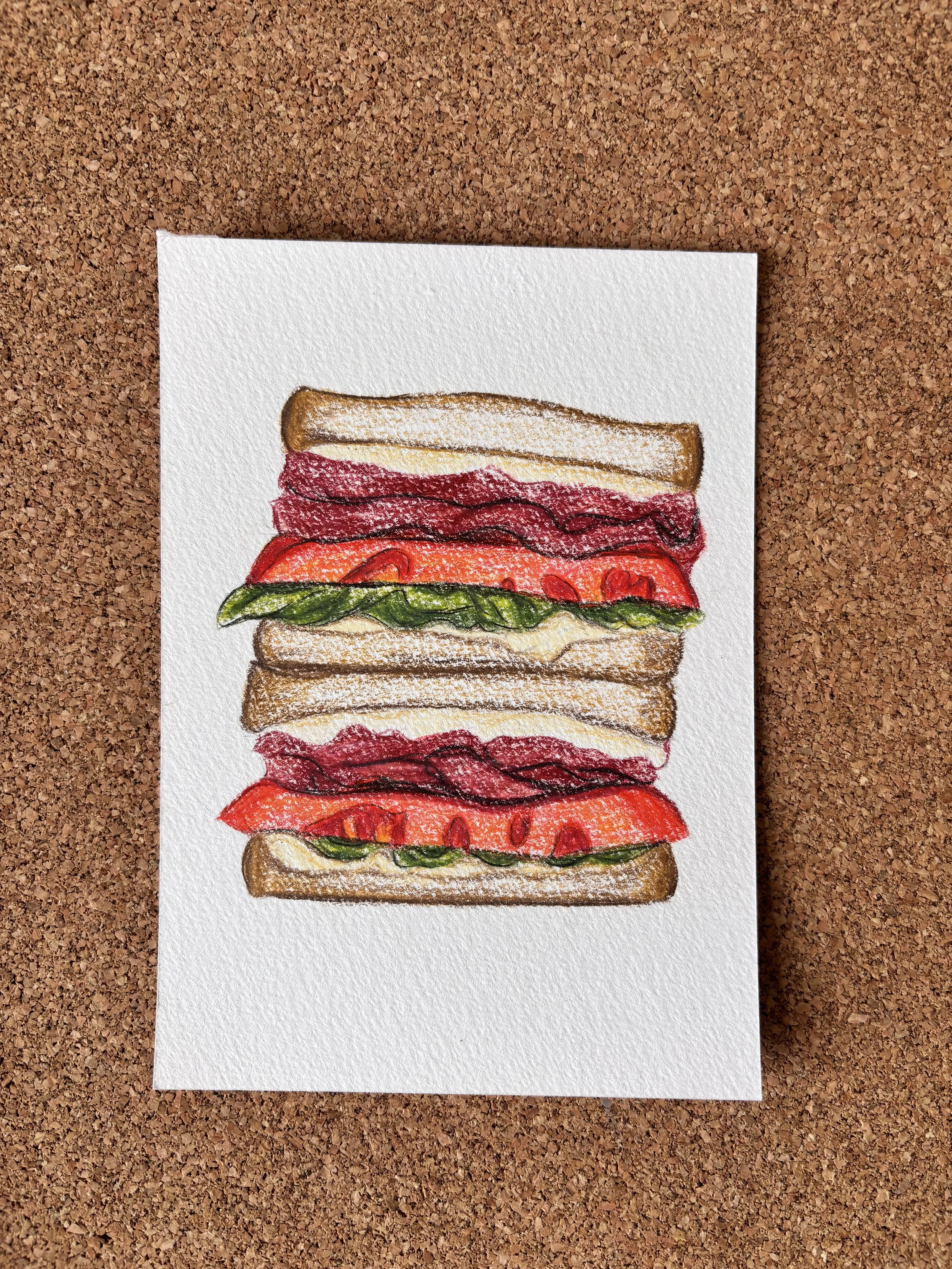 Illustration of a layered sandwich with Bacon lettuce and tomatoes on white textured paper and placed on a corkboard surface.
