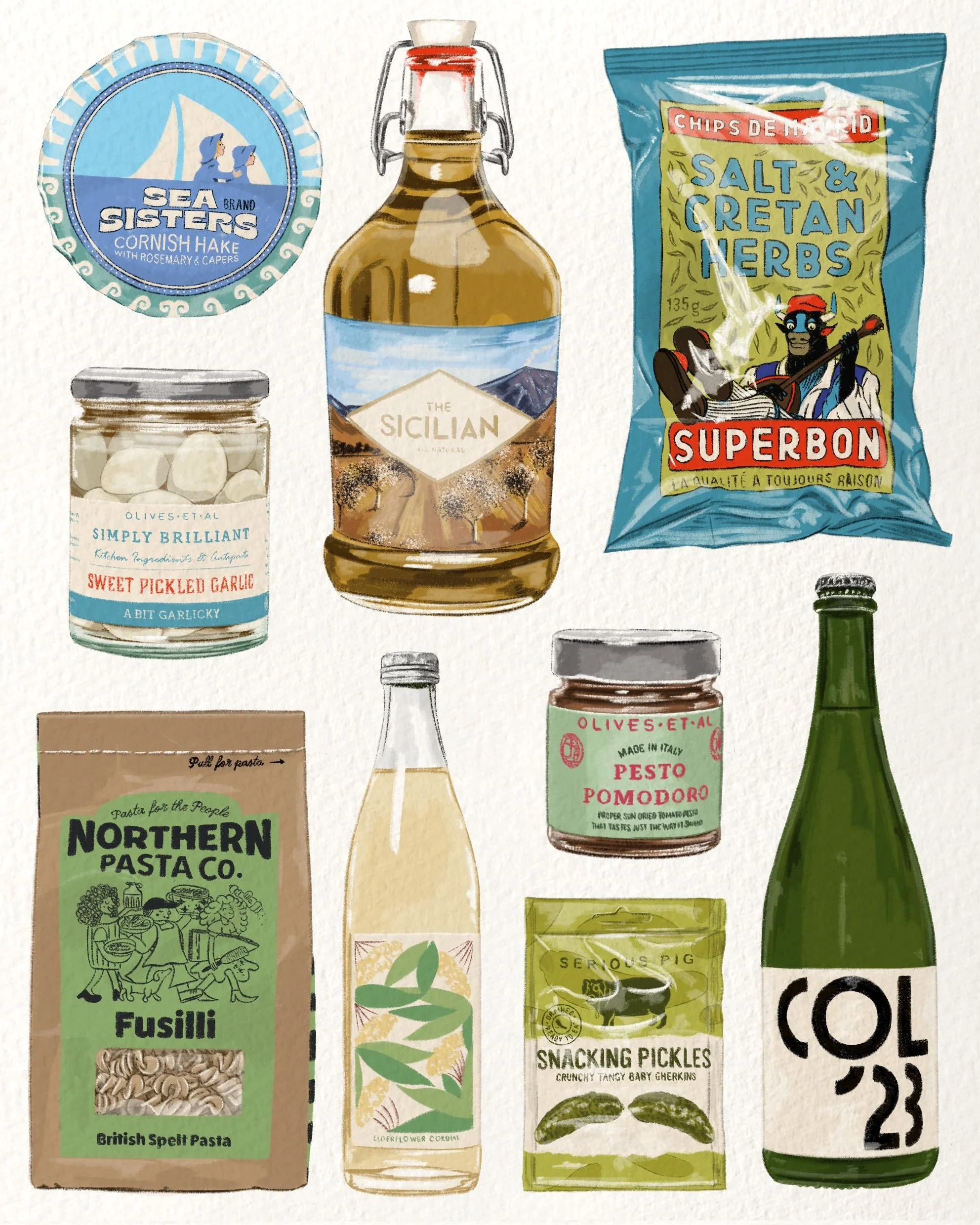 Collection of food packaging including a sea sisters Cornish hake with rosemary and capers, a jar of sweet pickled garlic, a bottle of elderflower cordial, a jar of pesto pomodoro, a packet of salt and Cretan herbs, and a packet of snacking pickles.