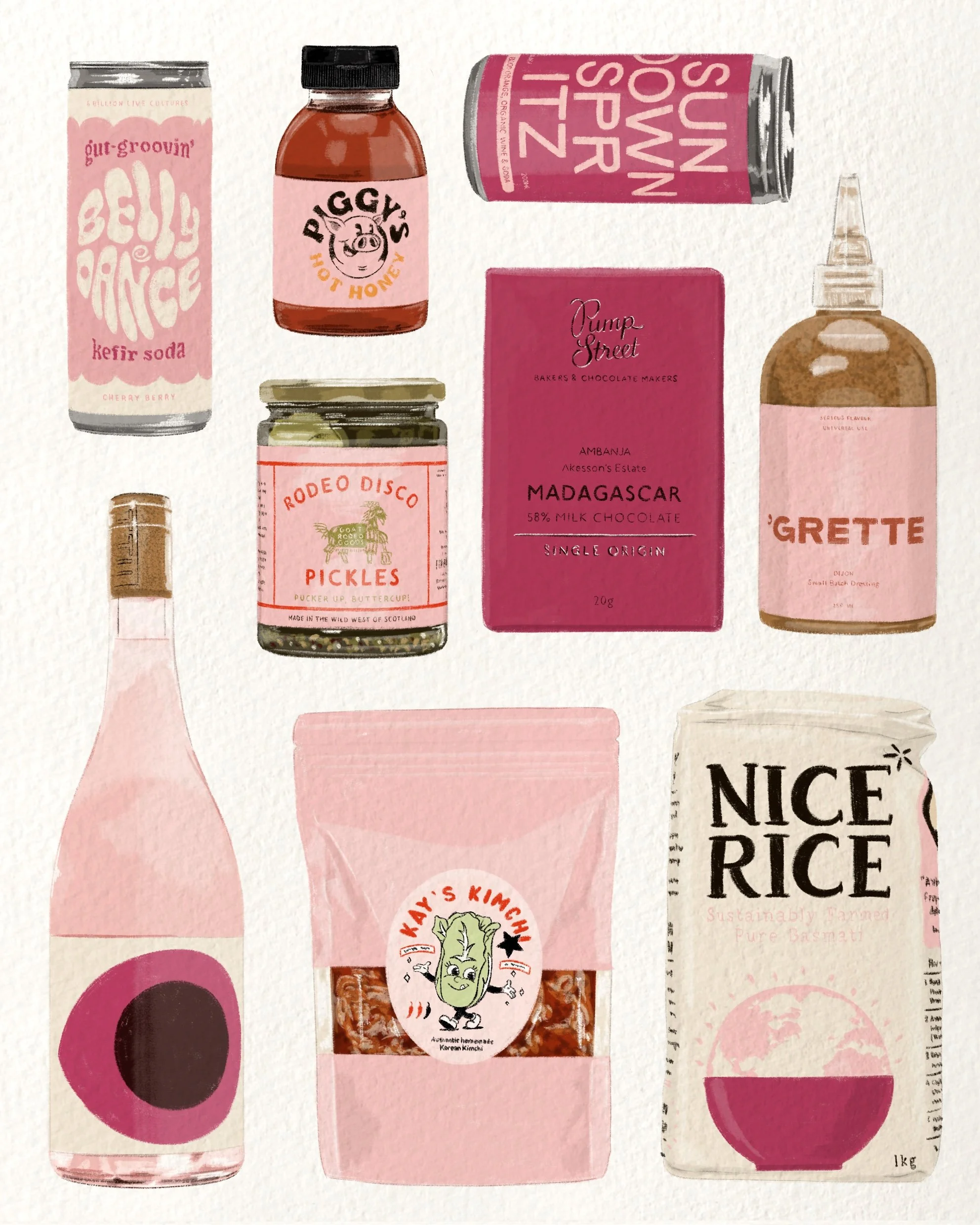 Illustration of a collection of various food and beverage containers with pink labels, including soda, honey, pickles, chocolate, paprika, kimchi, rice, and sauce bottles