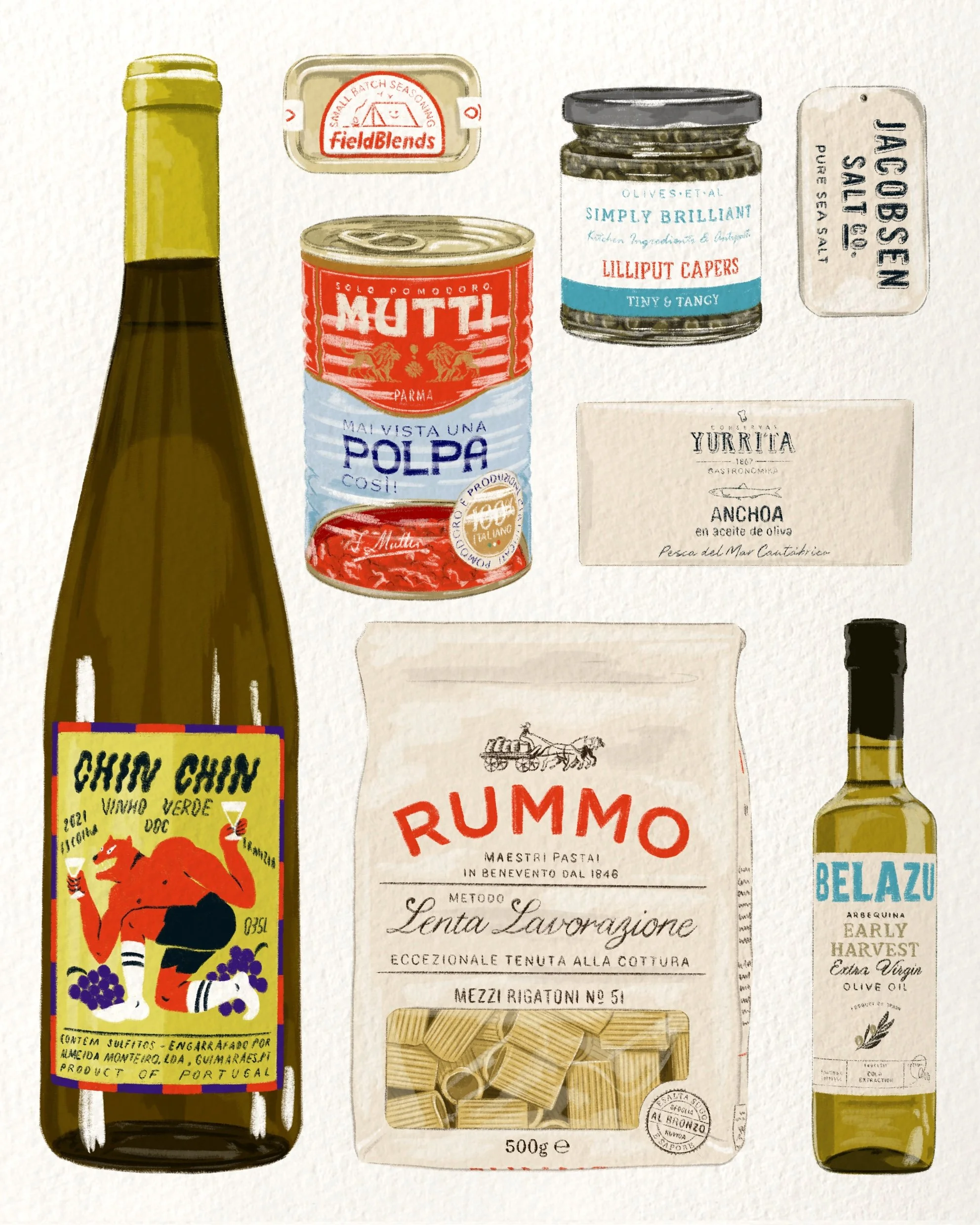 Illustration of various Italian food items including a bottle of olive oil, a tin of cherry tomatoes, a jar of Lilliput capers, a can of anchovies, a package of pasta, and a bottle of olive oil.