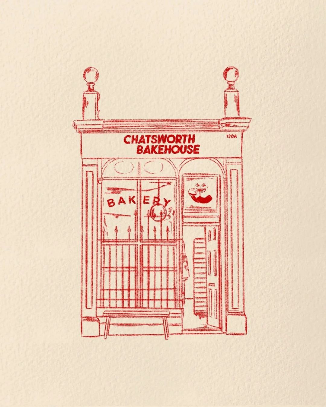 Red line drawing of a bakery storefront with a sign reading 'Chatsworth Bakehouse'. The window displays the word 'BAKERY' with a hanging lamp inside and a small portrait on the wall. A bench sits in front of the window.