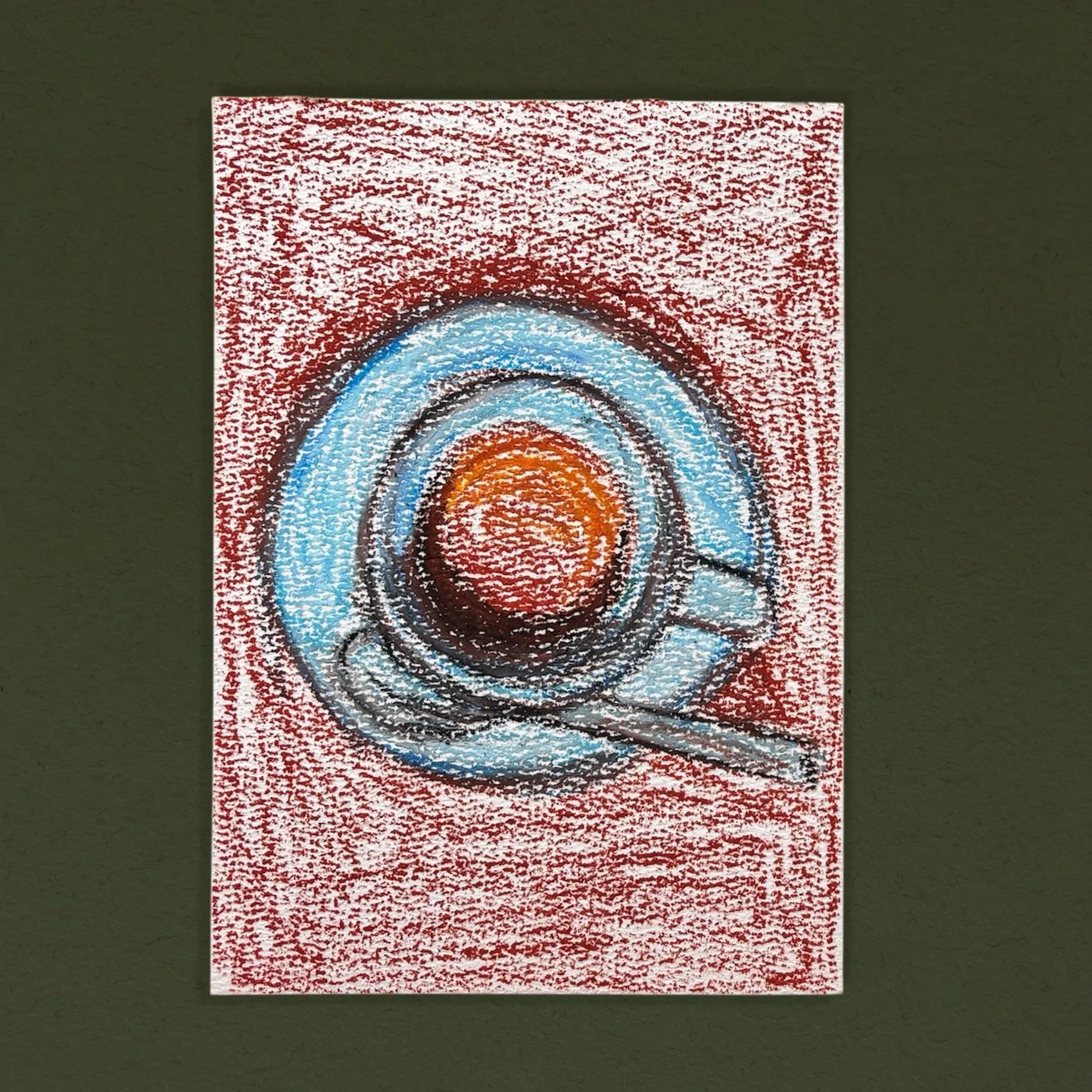 A colorful abstract drawing featuring concentric arcs in red, orange, blue, black, and white on a textured red background.