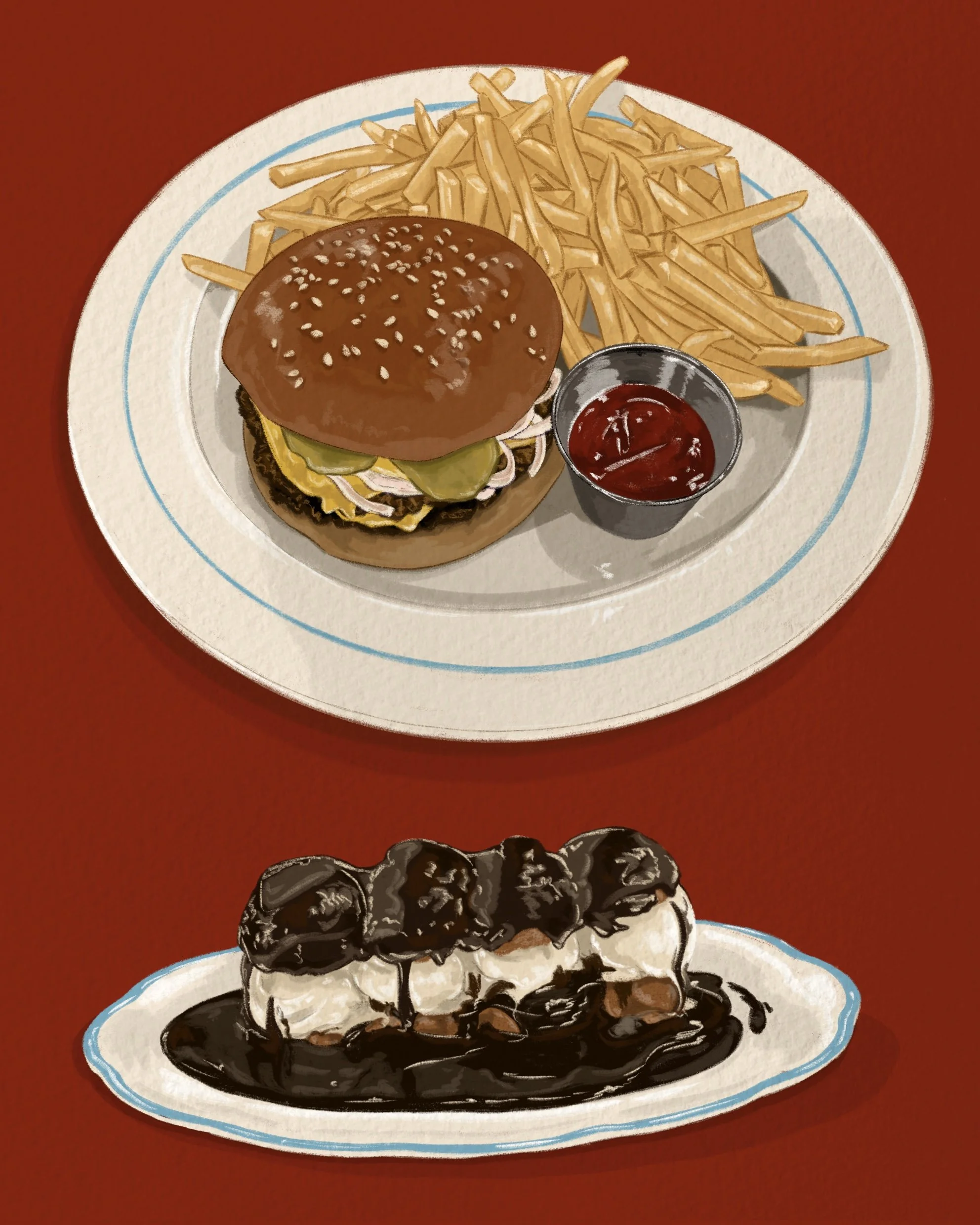 Illustrated plate with a cheeseburger and French fries, accompanied by a small cup of ketchup. There is another plate with Profiteroles with chocolate sauce. 

In the background, part of a dessert with whipped cream and chocolate drizzle is visible.
