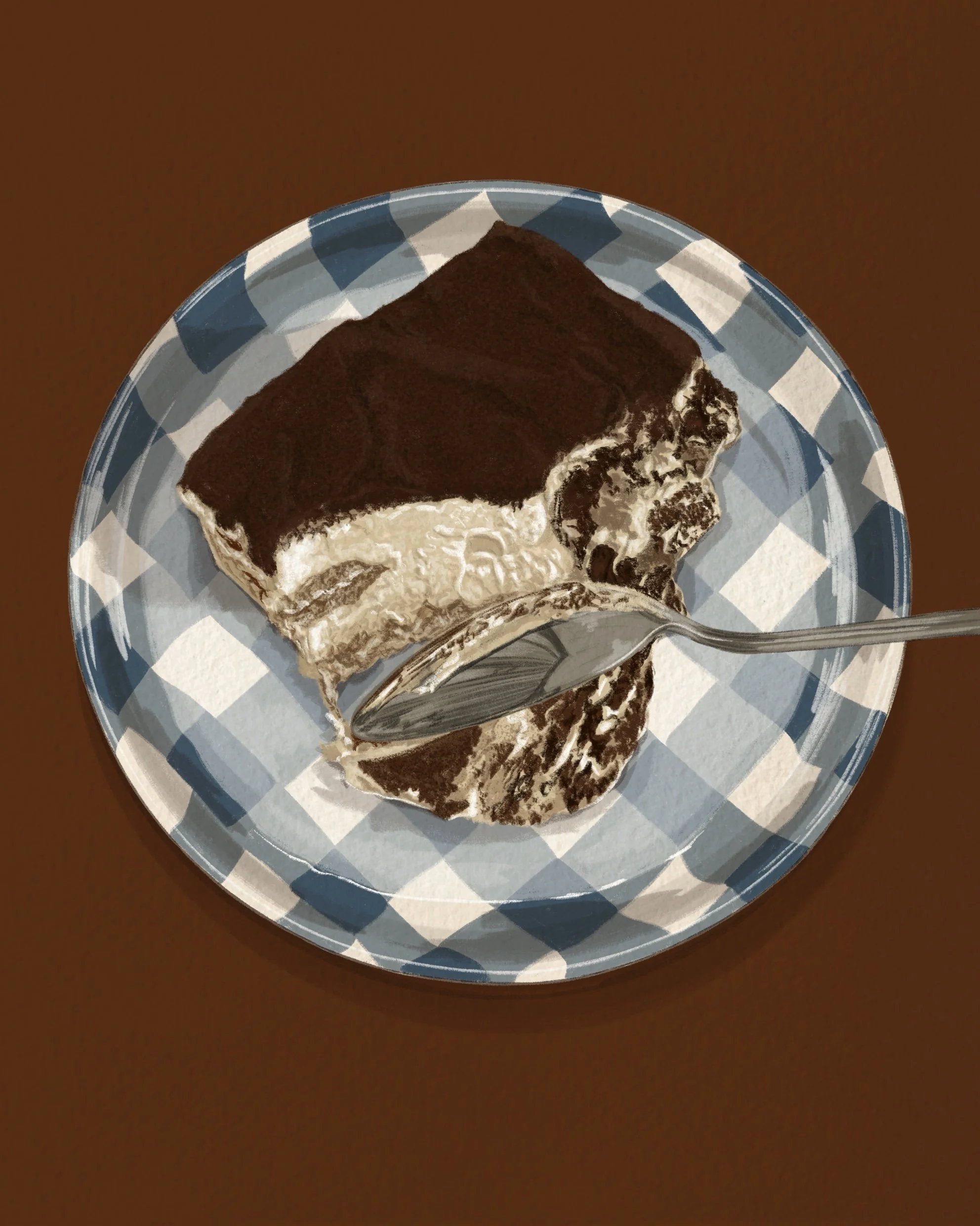 Illustration of a Tiramisu on a blue and white checkered plate, with a fork beside it, on a brown table.