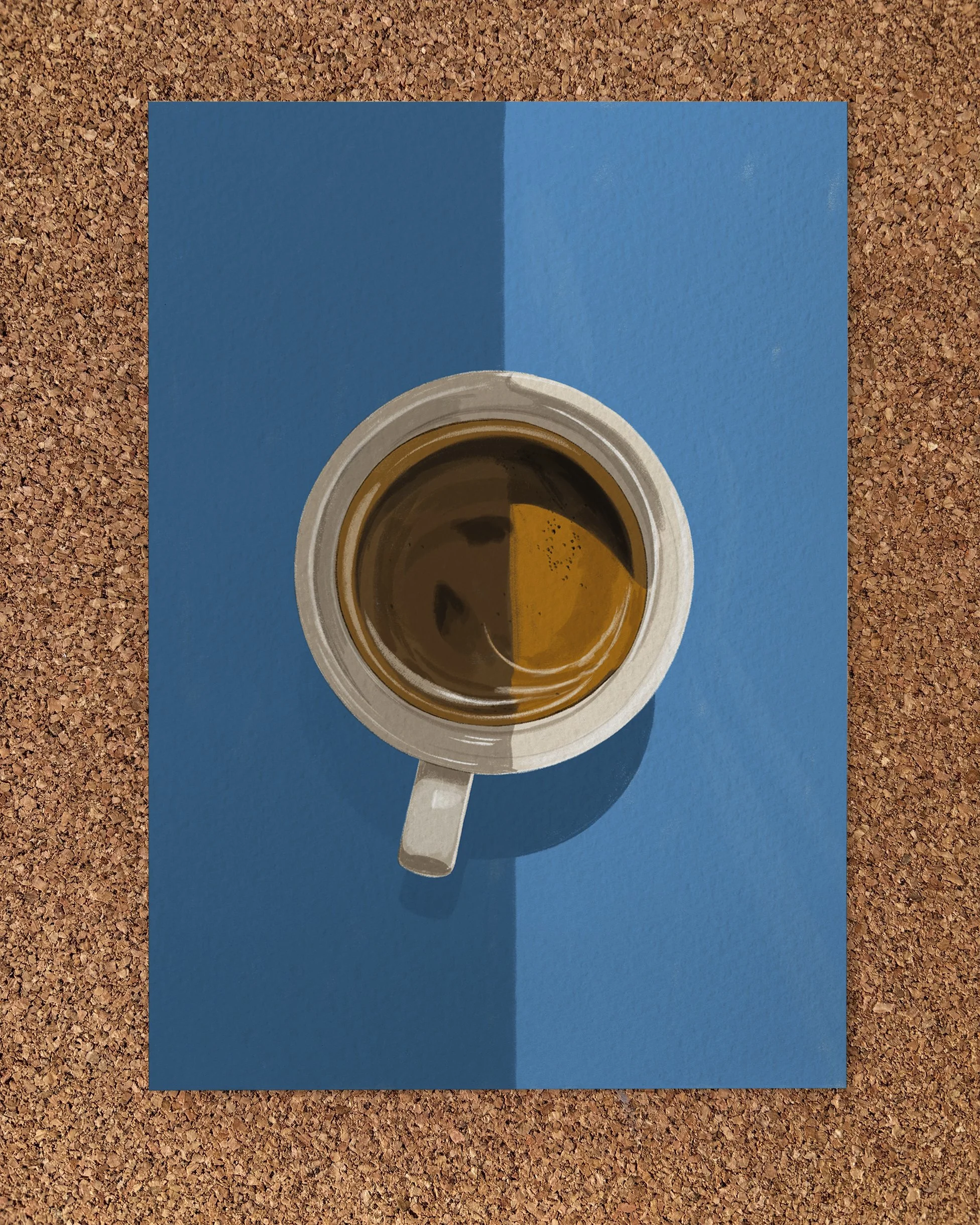Illustrated Art Print of an espresso on a blue background with light and shadow detail.