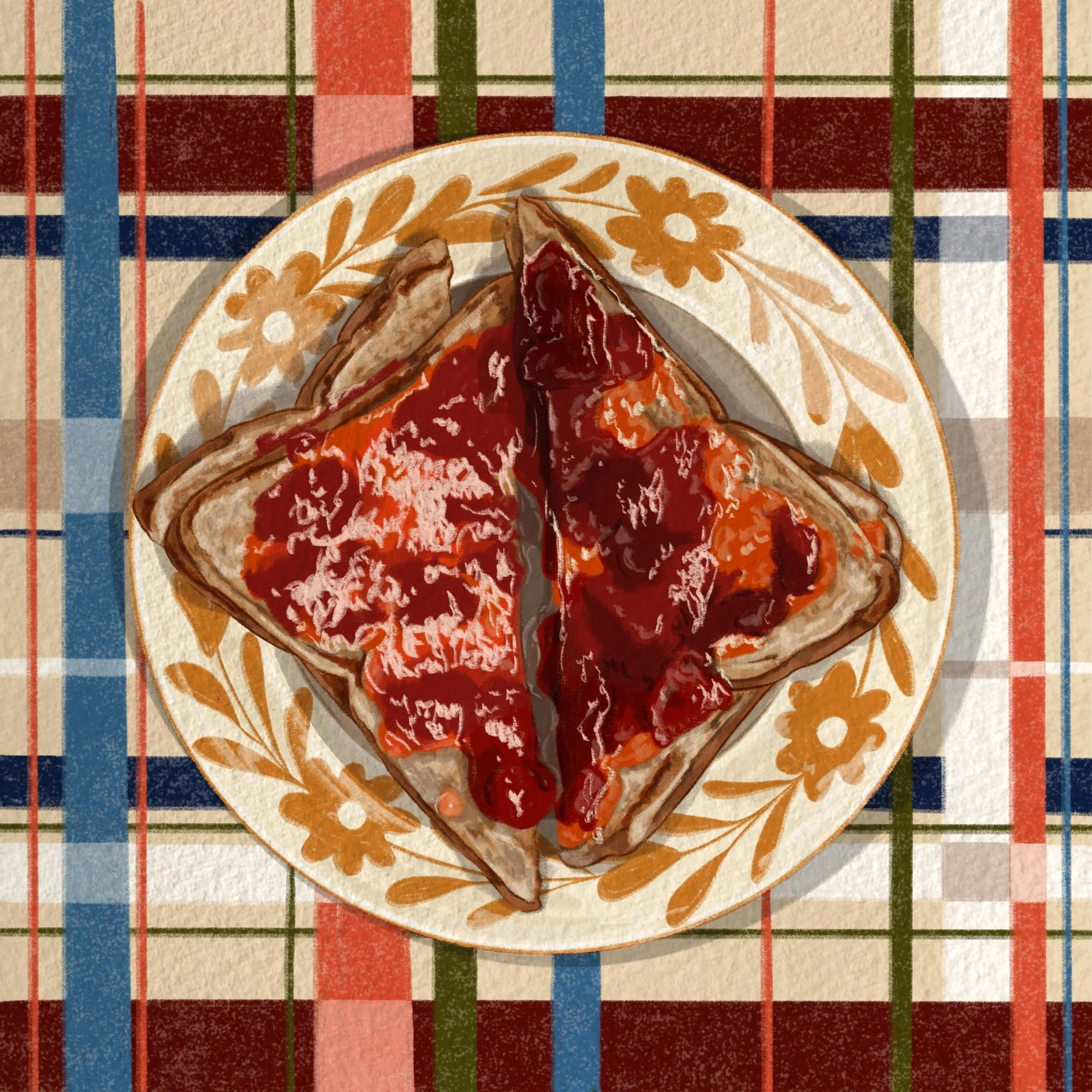 Illustrattion of a Slice of Jam on toast on a decorative plate and a colourful plaid tablecloth.