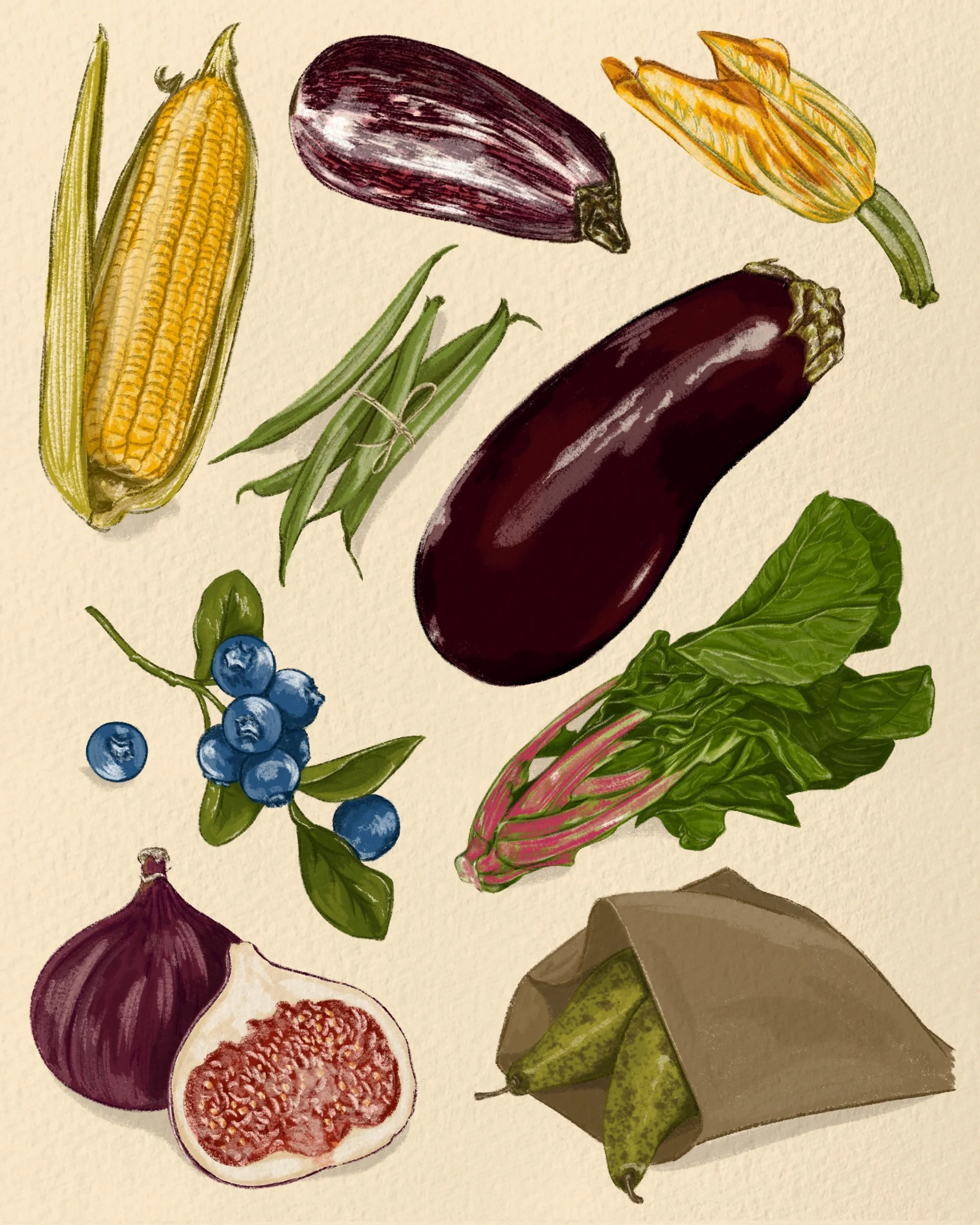 Illustration of various fruits and vegetables including an ear of corn, an eggplant, a yellow zucchini, a bunch of blueberries, a fig, a leafy green vegetable, and a few other produce items.
