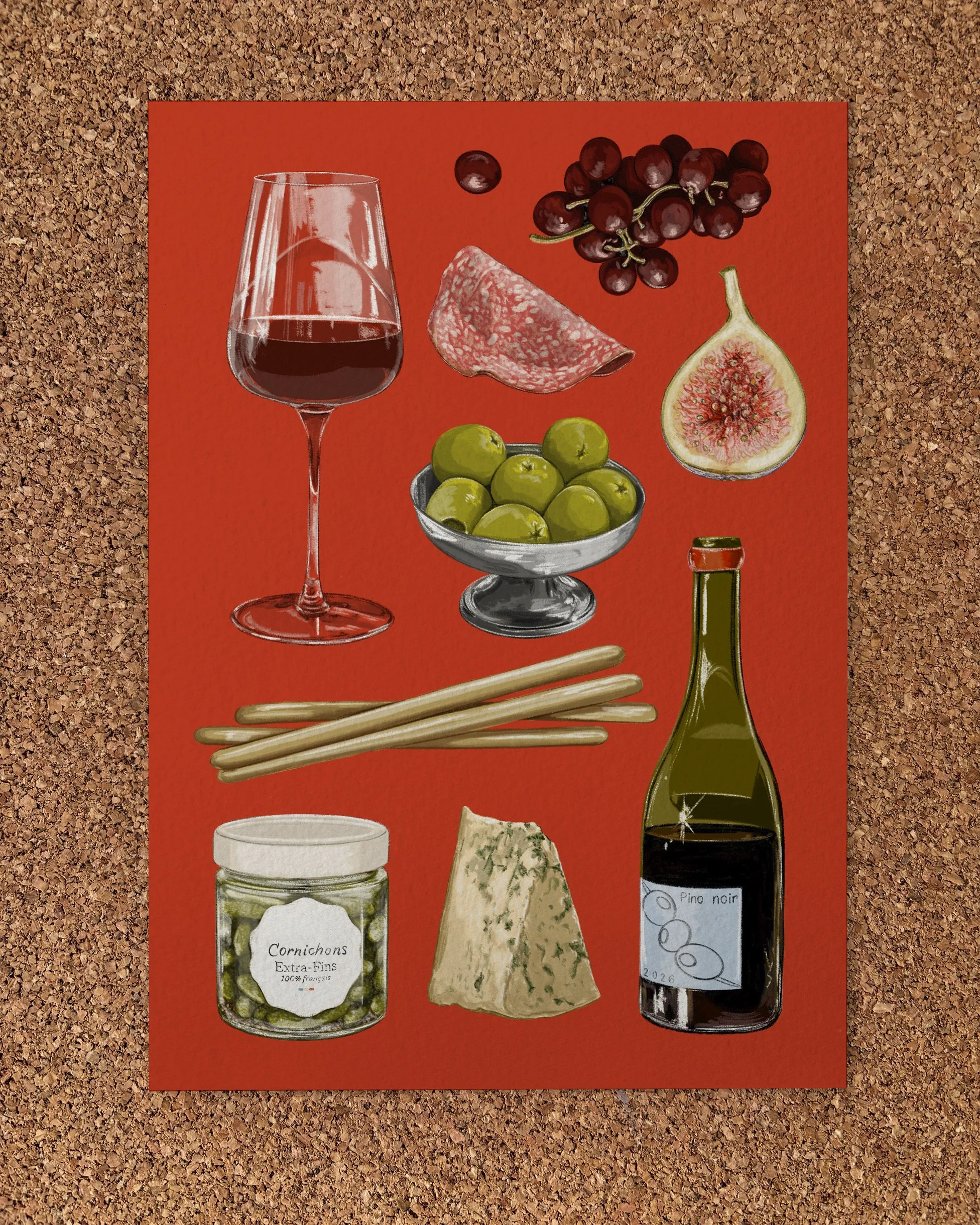 Colorful illustration featuring a glass of red wine, a bunch of red grapes, a slice of cured meat, a halved fig, a bowl of green olives, a jar of pickles, two breadsticks, a bottle of red wine, and a piece of cheese with a handwritten note labeled 'Cornichons Extra-Fins' and another with a drawing of grapes and labeled 'Pinot noir'.