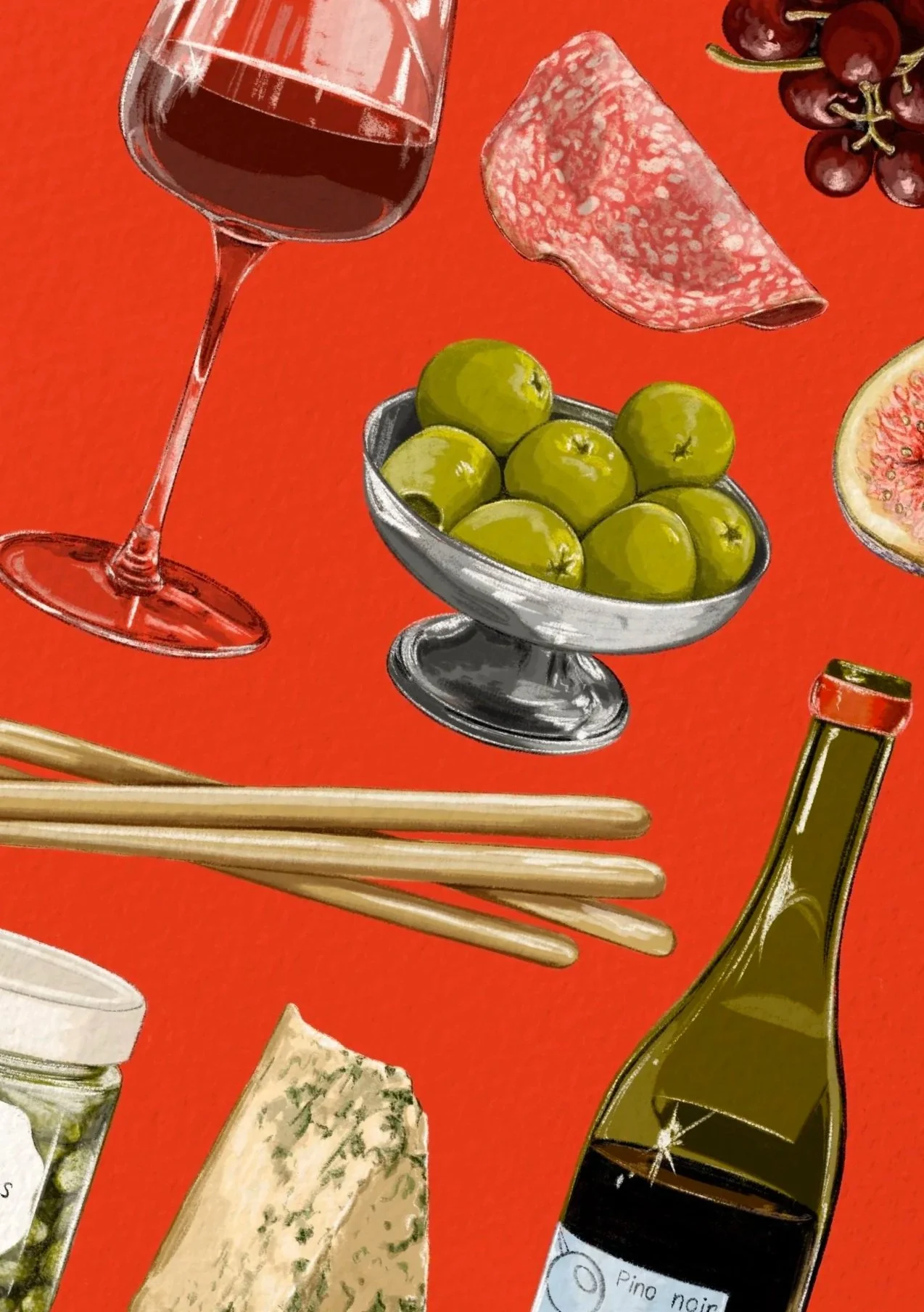Illustration of a glass of red wine, a bowl of green olives, slices of cured meat, a bunch of grapes, a wedge of fig, a bottle of red wine, and some chopsticks on a red orange background.