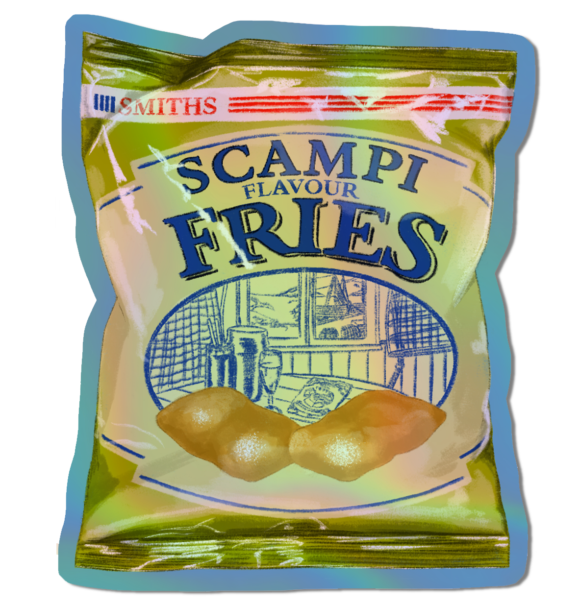 Illustrated Scampi Fries Holographic die cut sticker.