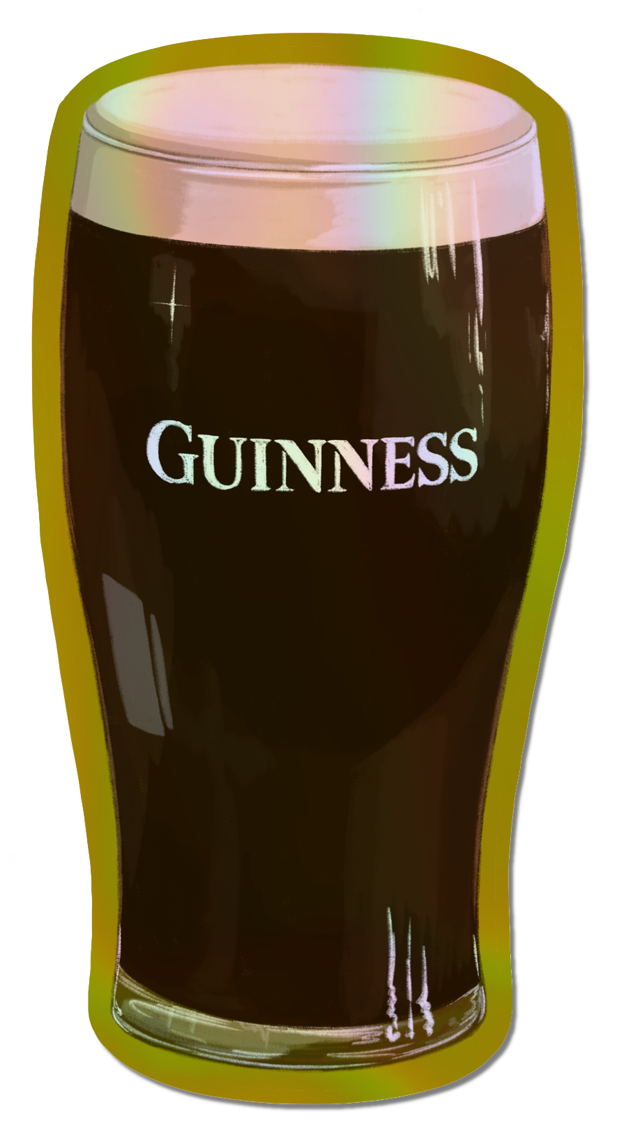 Illustrated Pint of Guinness Holographic die cut sticker.