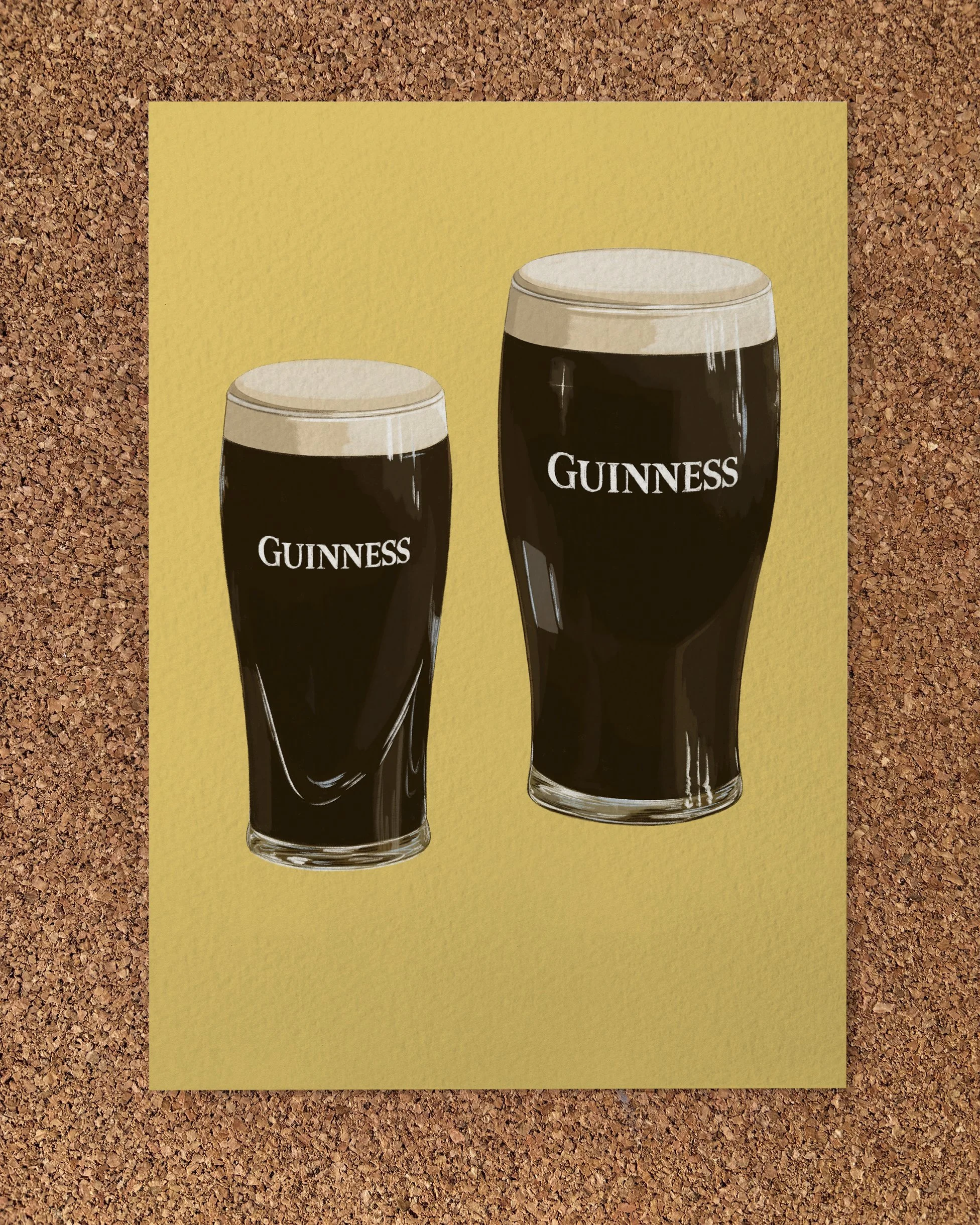 Illustrated Art Print of two Guinness glasses. One is a pint and the other is half a pint symbolising there being two people placed on a yellow background.