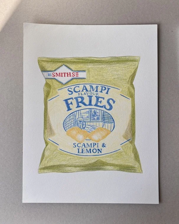 Hand-drawn illustration of a bag of Smith's Scampi Flavour Fries with scampi and lemon flavor