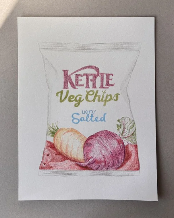 Drawing of a bag of kettle vegetable chips with a carrot and a purple beet on a white background.