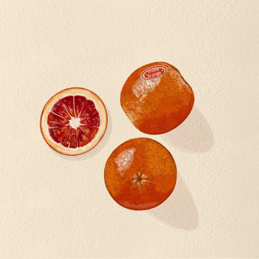 Illustration of Two whole blood oranges and one blood orange slice on a light-colored surface.