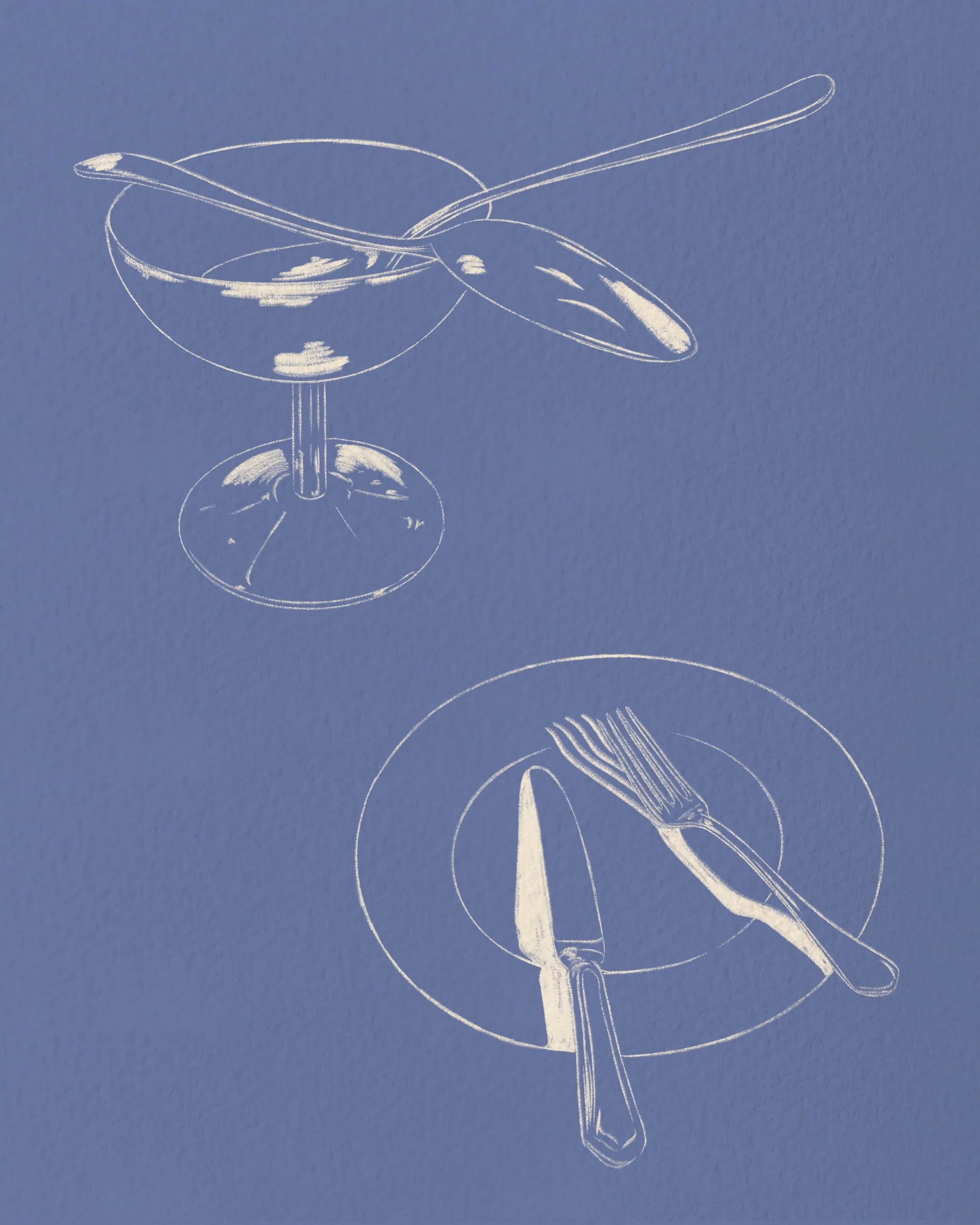 Line drawing of an empty dessert bowl and plate on a purple background.