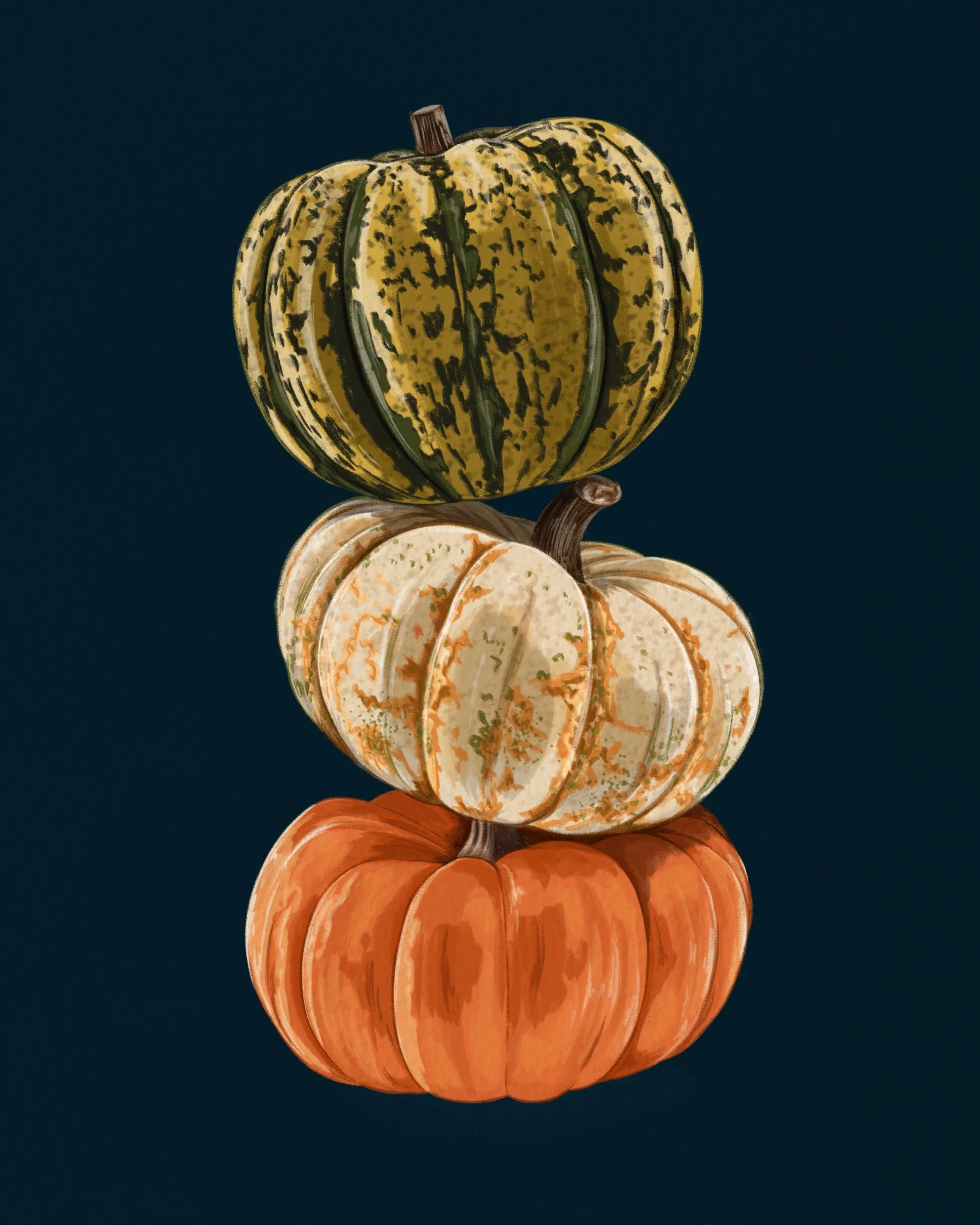 Illustration of stacked pumpkins in various colours and patterns on a a dark blue background.