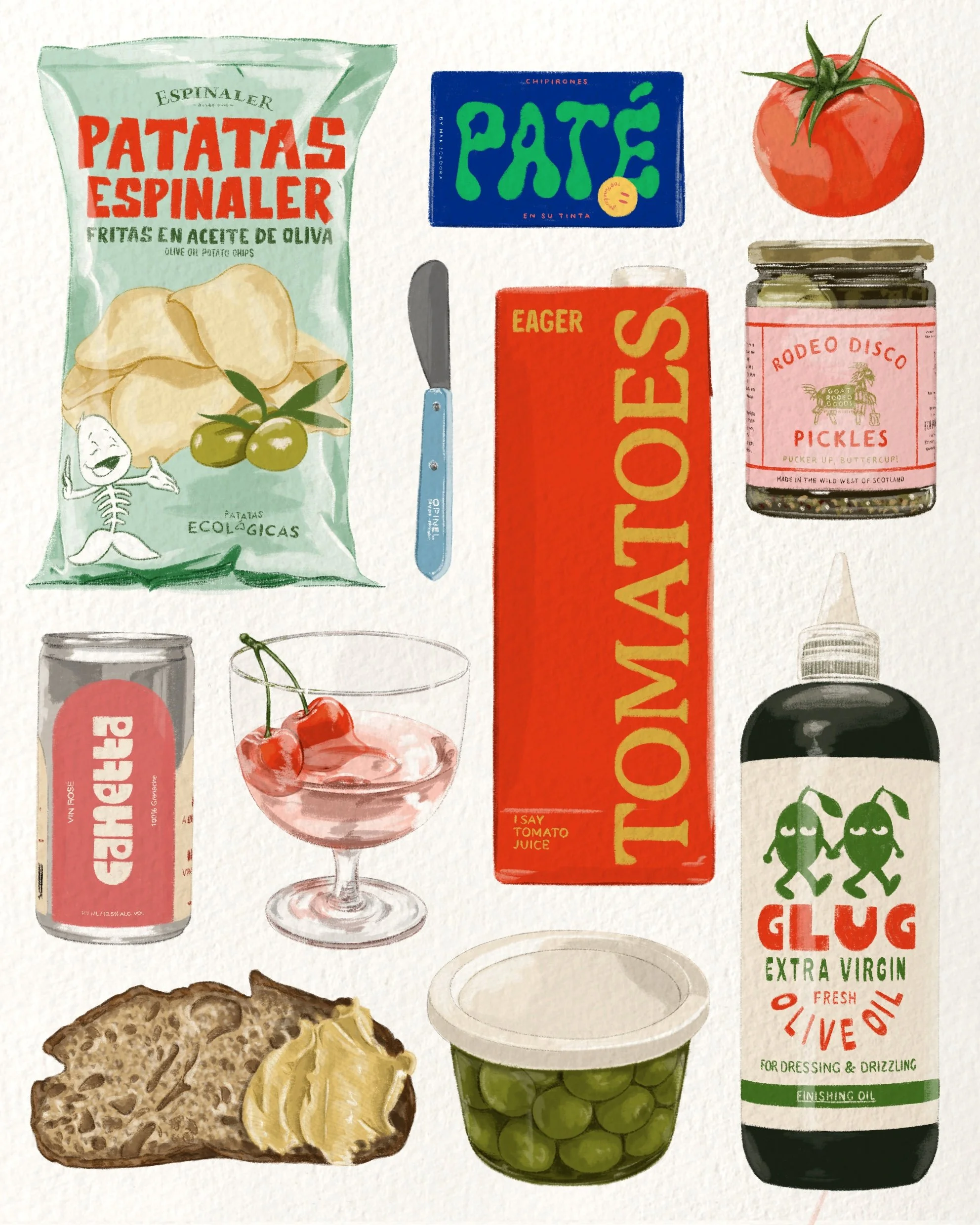 Collection of food and condiment items including a bag of green olive chips, a box of green paste, a ripe tomato, a red box of tomato juice, a jar of pickles, a can of sparkling water, a glass with cherries, a green glass jar of green olives, a slice of bread with butter, and a bottle of finishing oil for dressing and drizzling.