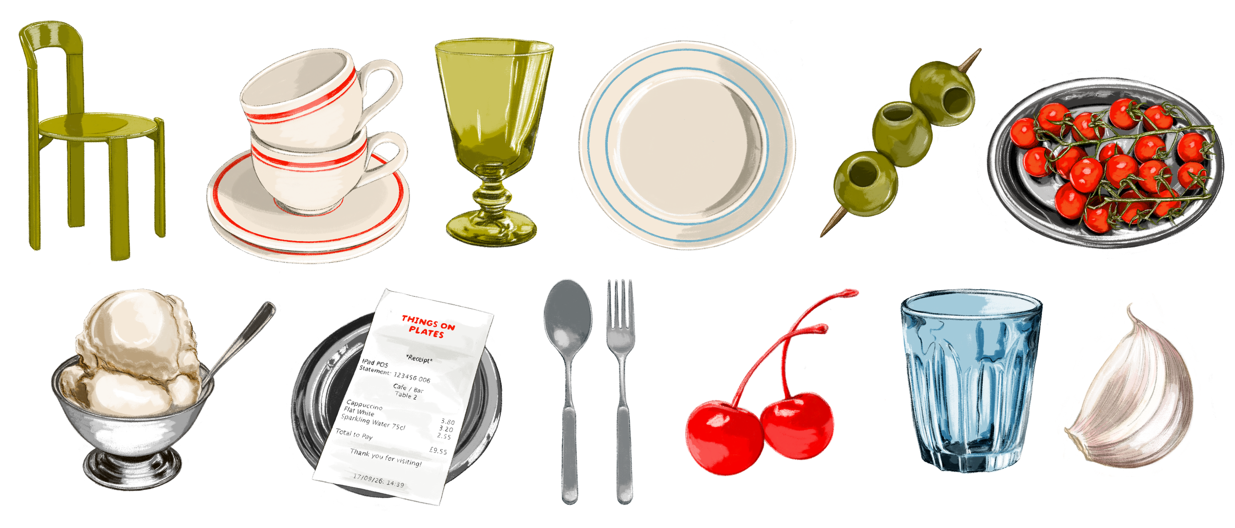 Illustrated assets for a landing page including a green rey chair, stack of cups, green glass, plate, cocktail olives, tomatoes on a platter, ice cream in a stainless steel bowl, a receipt, some cutlery, glacier cherries, blue water glass and garlic.