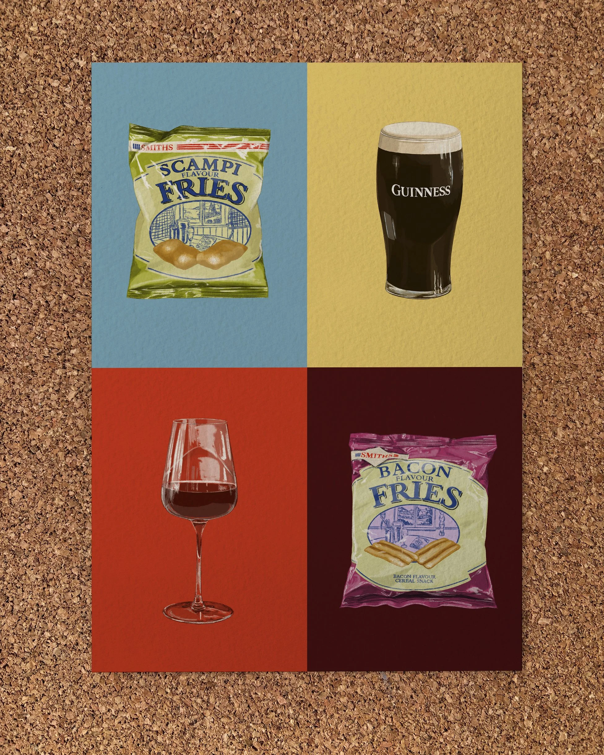Illustrated Art Print of 4 separate illustrations on different coloured backgrounds of pub themed items including a pack of scampi fries, pint of guinness, glass of red wine and some bacon fries.