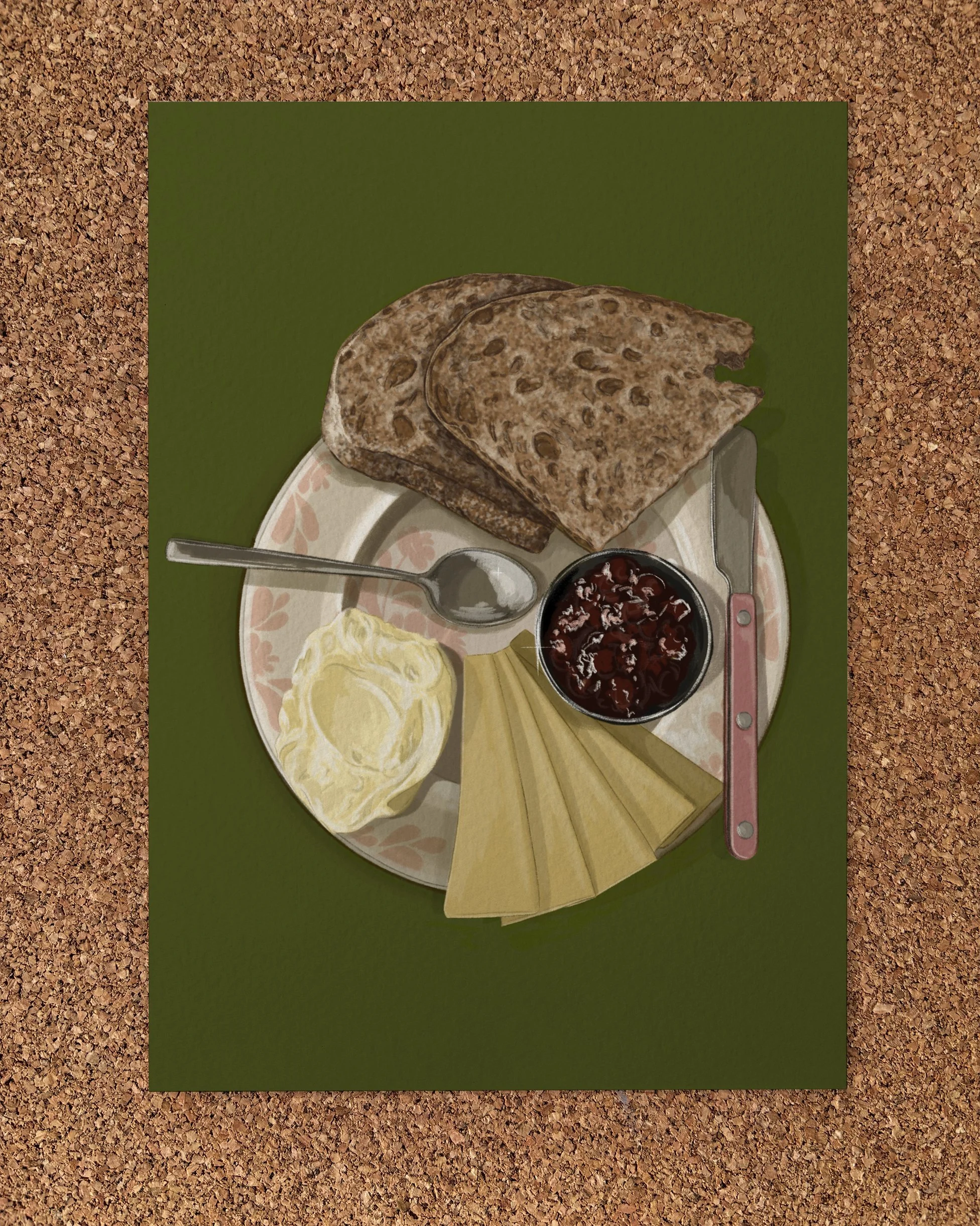 Illustrated Art Print illustration of a plate of danish breakfast with slices of bread, cheese, whipped butter and some jam with a spoon and a butter knife on a yellow background.