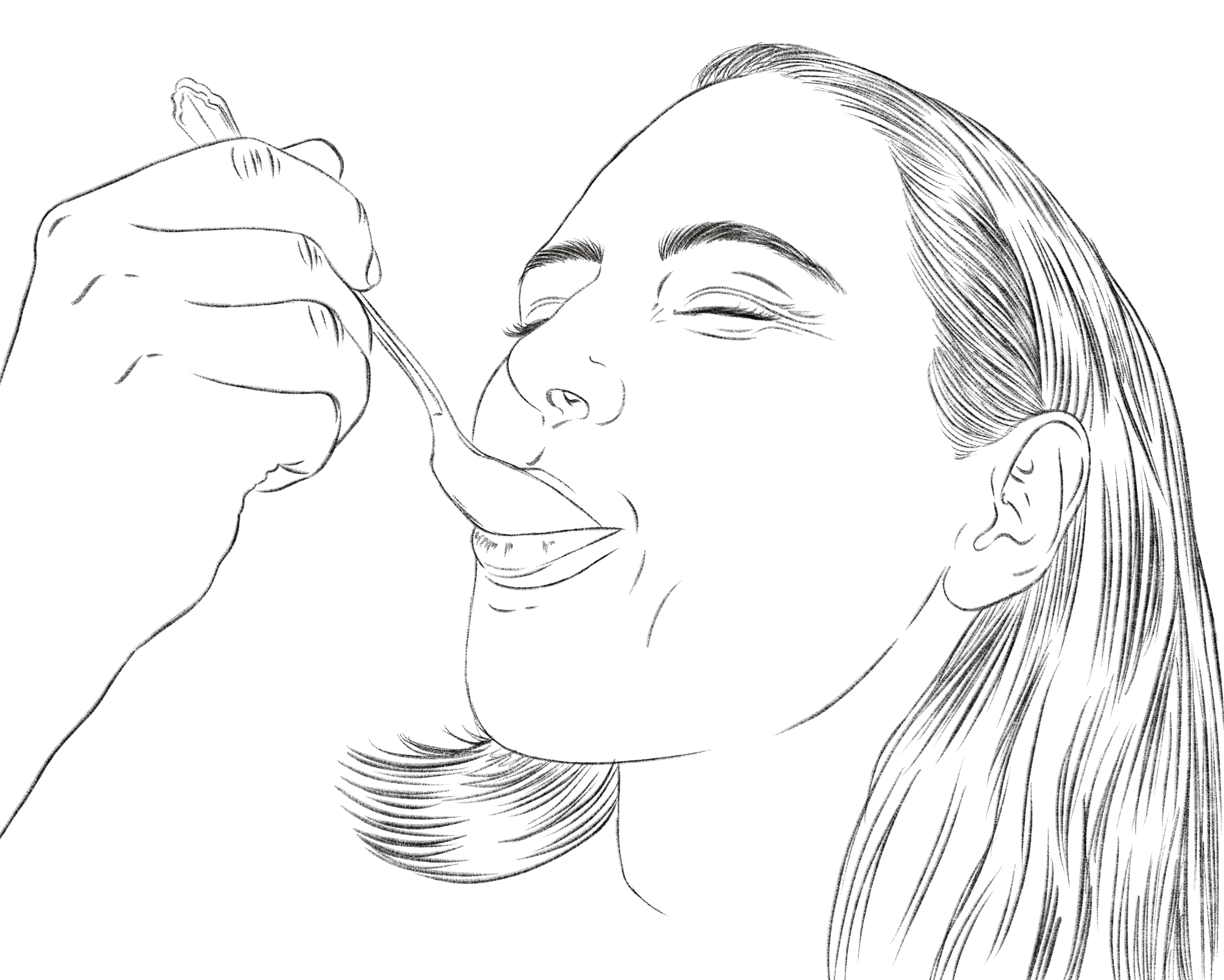 Line drawing of a woman eating off of a spoon.