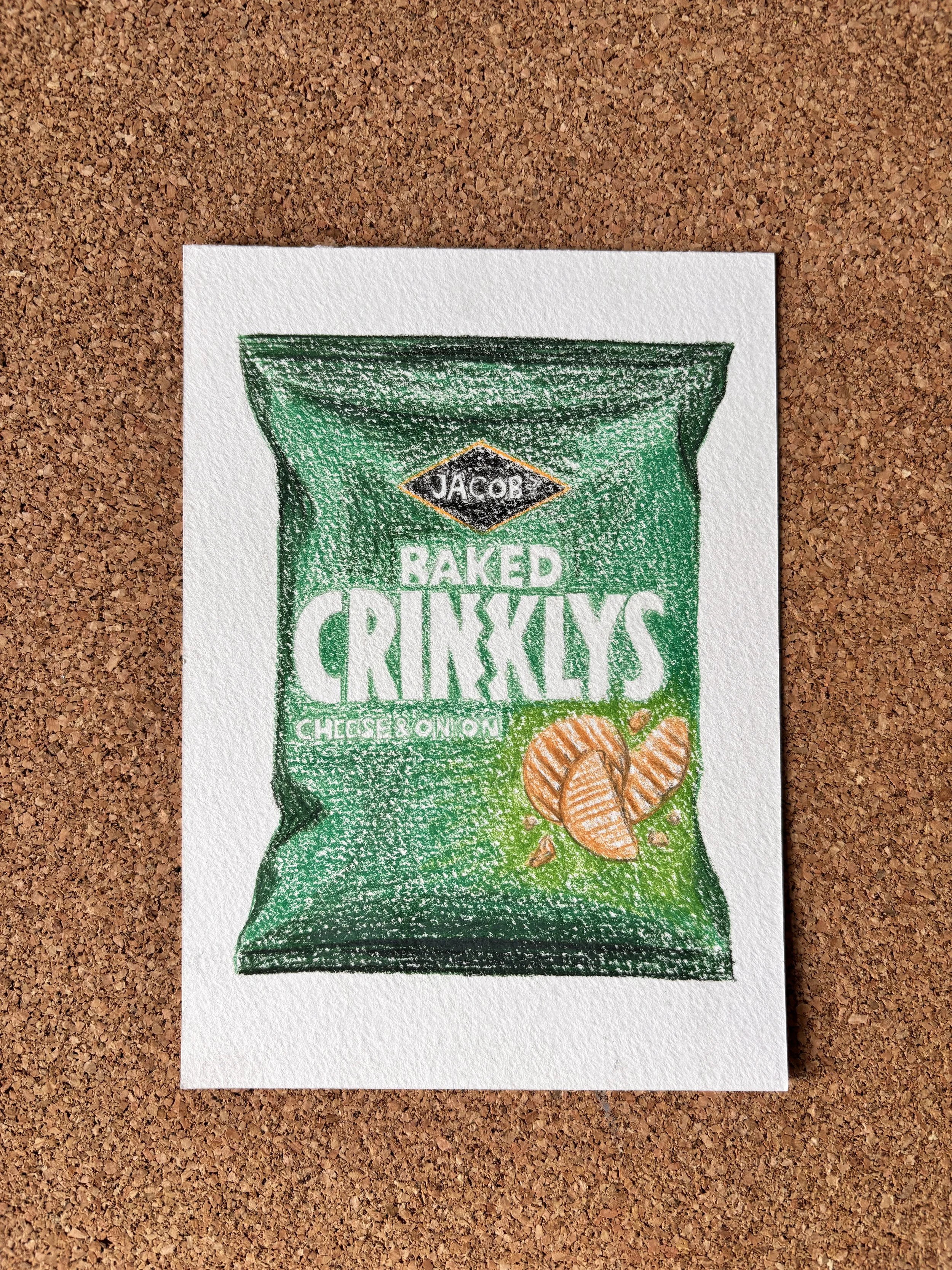 A hand-drawn illustration of a green bag of Jacob's baked crispy cheddar and onion snacks, featuring images of the snacks and the product name Crinklys.