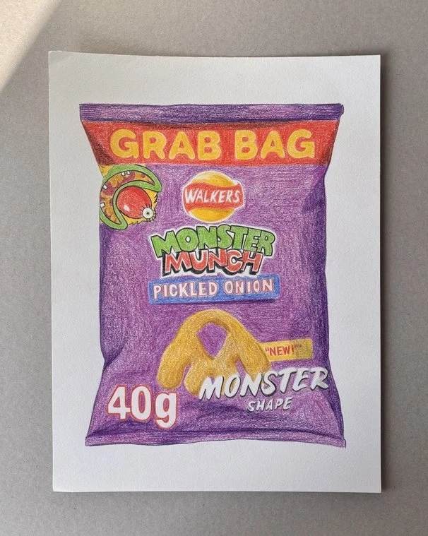 Colorful drawing of a Lay's grab bag of Monster Munch Pickled Onion flavored snack chips, featuring a yellow monster shaped chip and a cartoon monster logo.