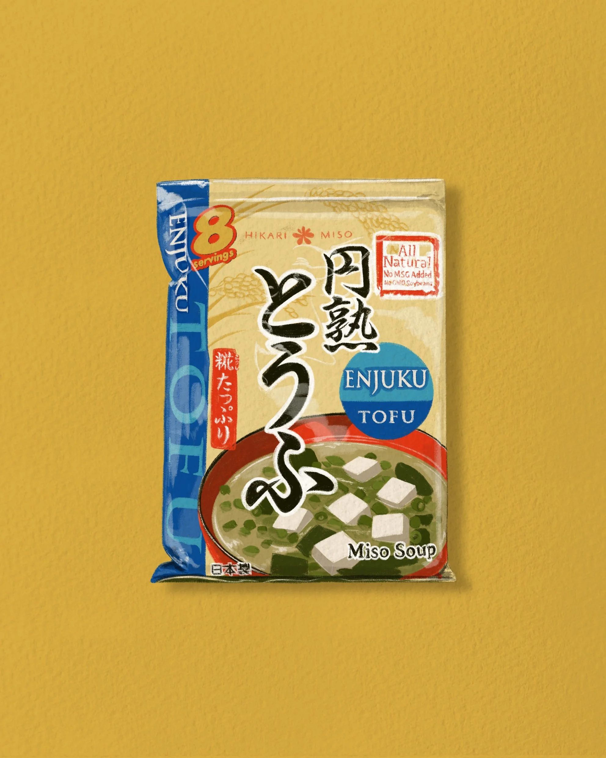 Illustration of a pack of ENJUKU TOFU Miso Soup featuring Japanese characters and a bowl of miso soup with tofu and green onions on the front.