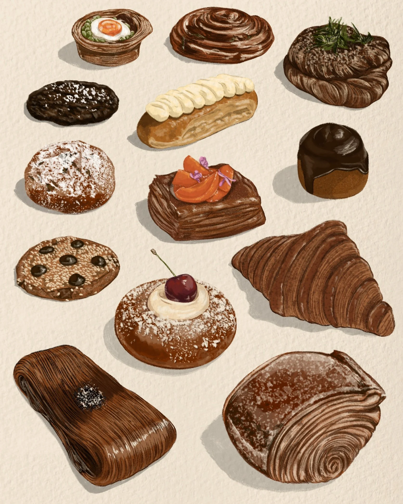 Various Illustrated pastries including a tart with icing, a cinnamon roll, a croissant, a chocolate cookie, a banana cream pie, a cake with fruit topping, a chocolate eclair, a chocolate chip cookie, and a chocolate Danish pastry.