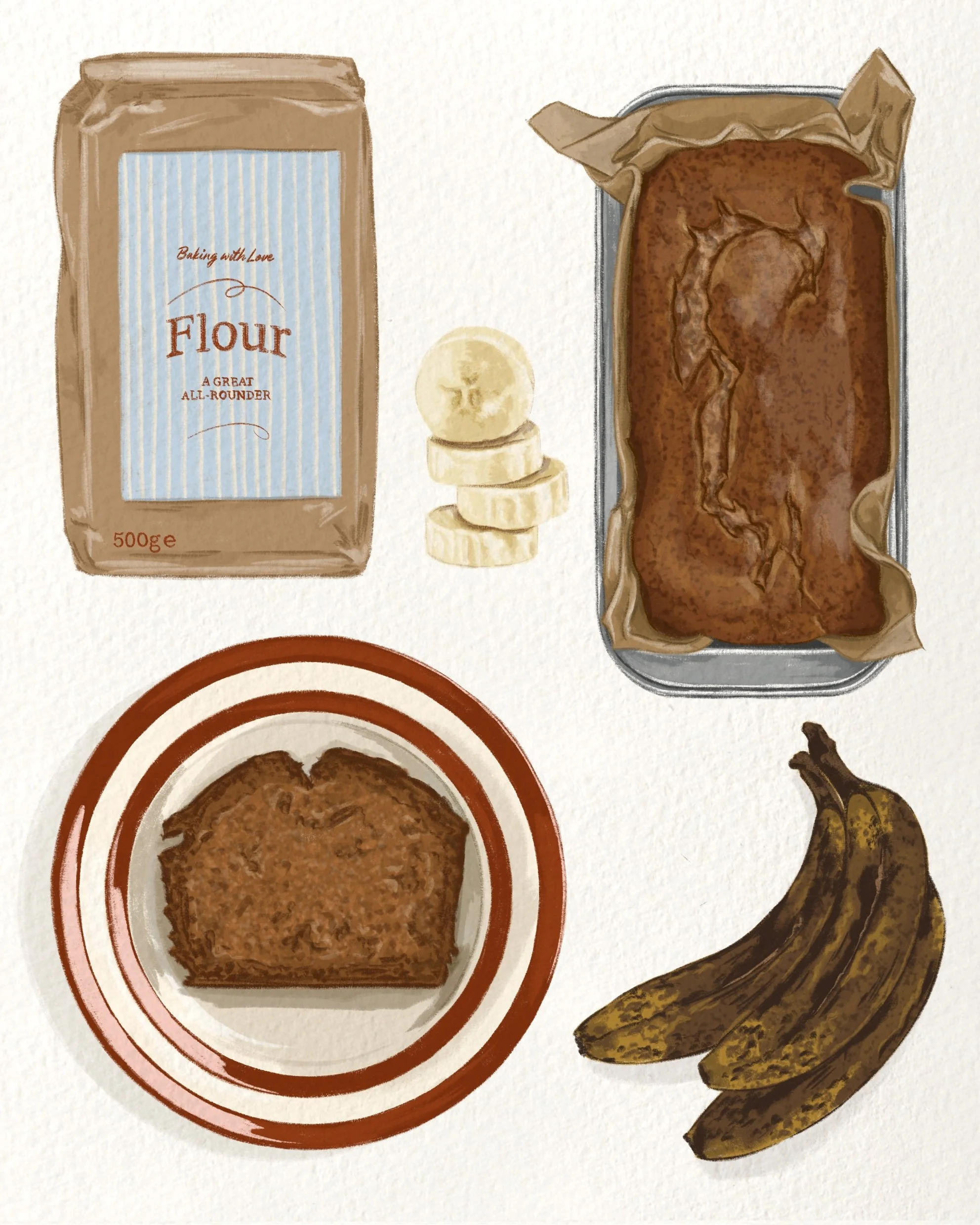 Illustrated ingredients for banana bread. Showing a bag of flour, overripe bananas, and a finished loaf of banana bread.