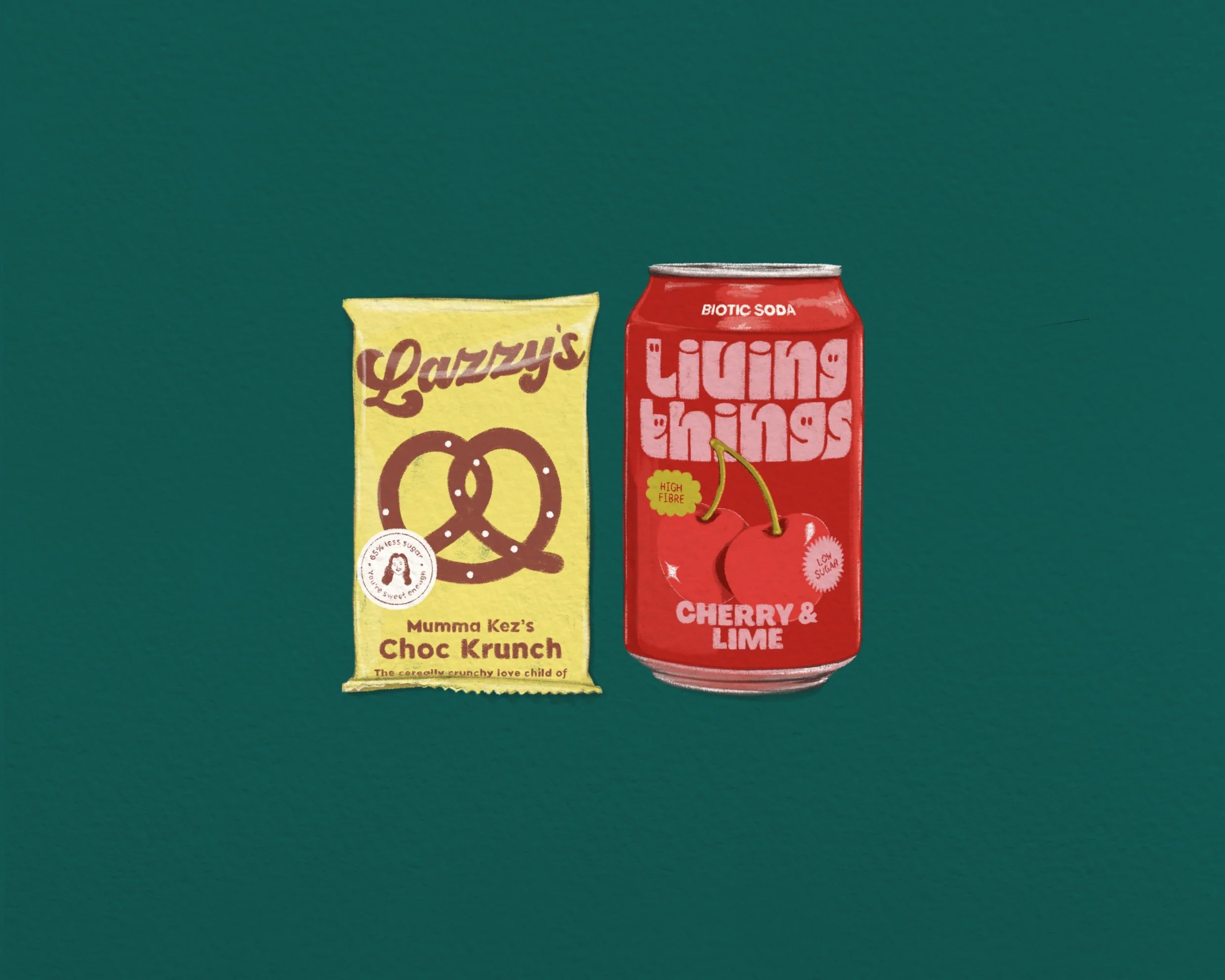Illustration of snacks of a yellow snack bag with the label 'Lazzy's' and a pretzel illustration, next to a red can of cherry & lime flavored sparkling water, labeled 'Bionic Soda' and 'Living Things'.
