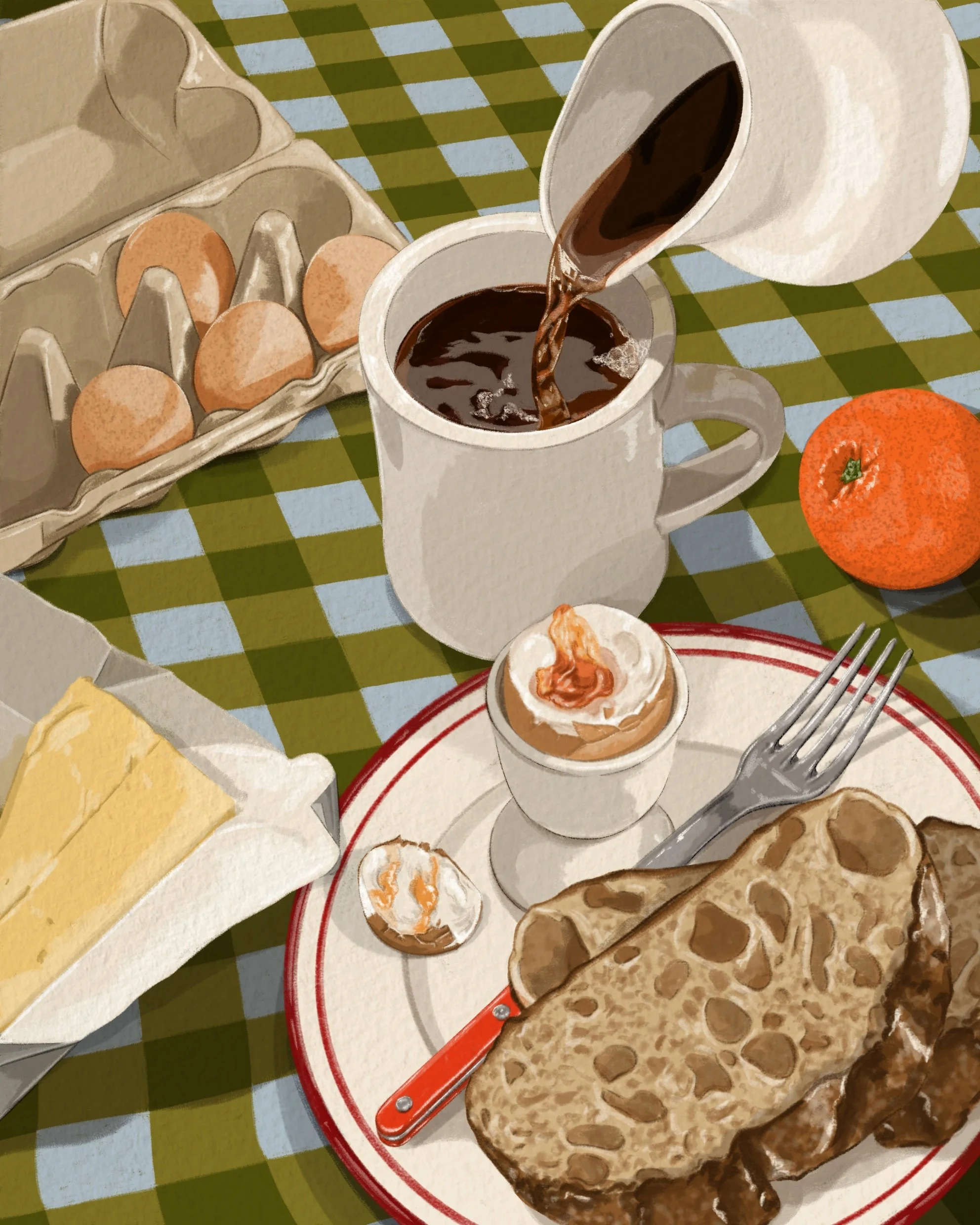 Illustrated breakfast scene with a half-eaten bagel, a plate of eggs, a cup of coffee, and a small bowl of yogurt with fruit and honey, all placed on a checkered green and blue tablecloth.