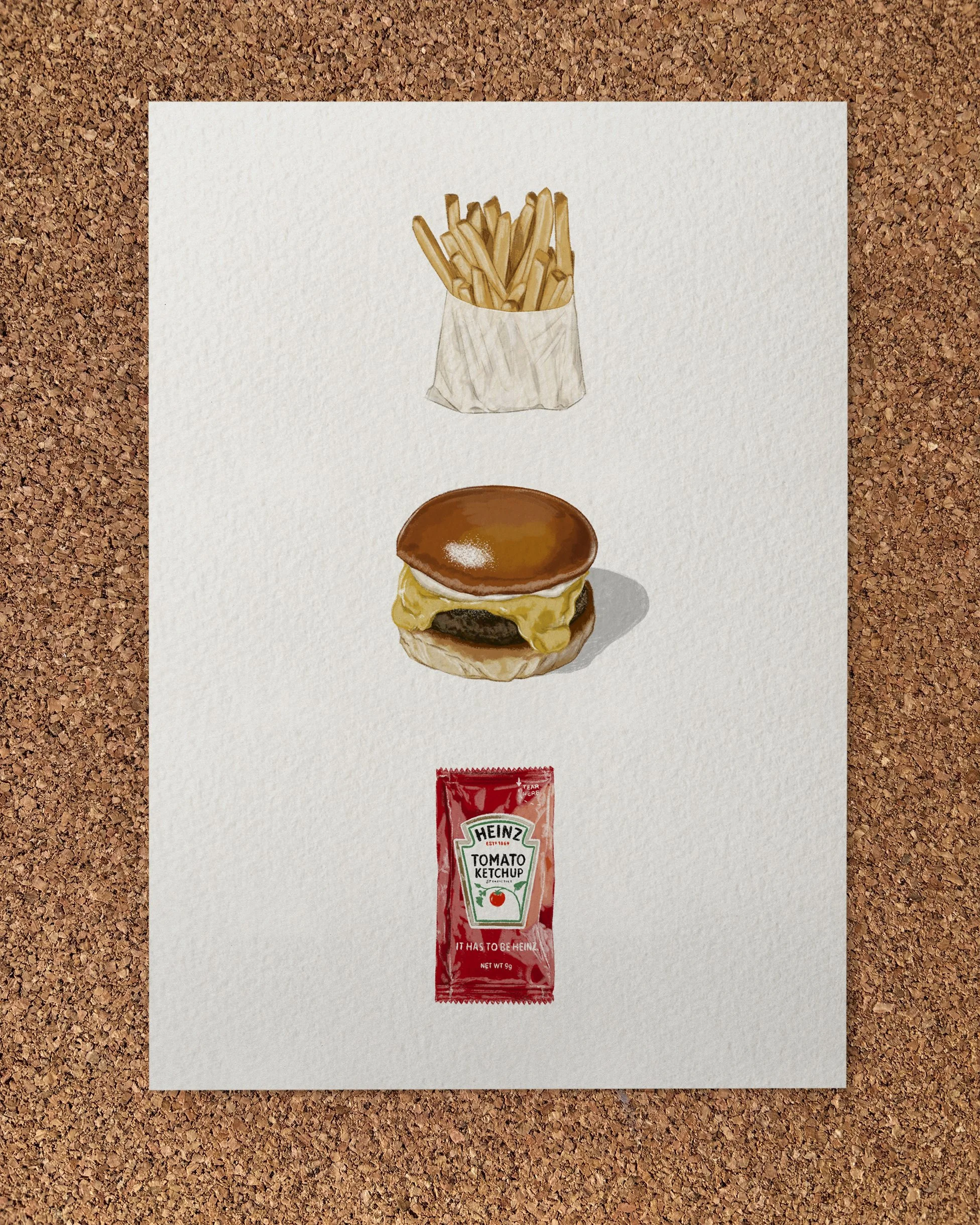 Illustrated Art Print of three separate Illustrations making up some burger and chips including a small bag of fries, cheese burger and a sachet of ketchup on a white background.