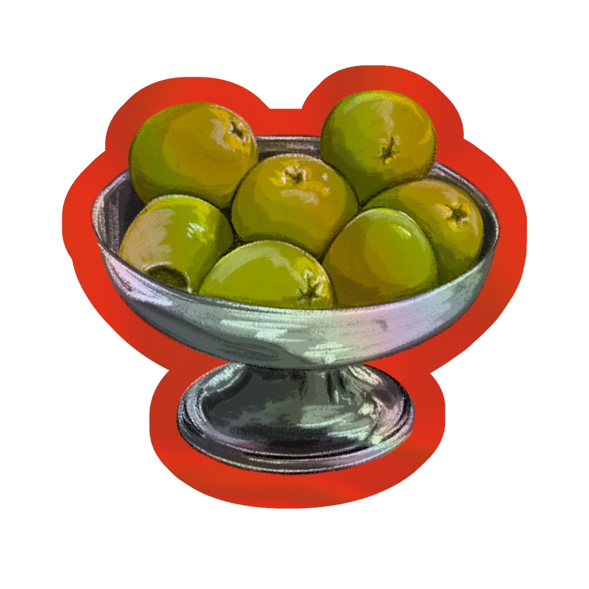 Illustrated bowl of Nocellara Olives Holographic die cut sticker.