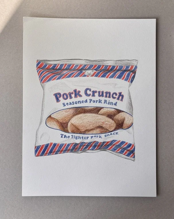 A detailed colored pencil drawing of a bag of Pork Crunch seasoned pork rinds, labeled as a lighter pork snack, with red, white, and blue striped design on the package.