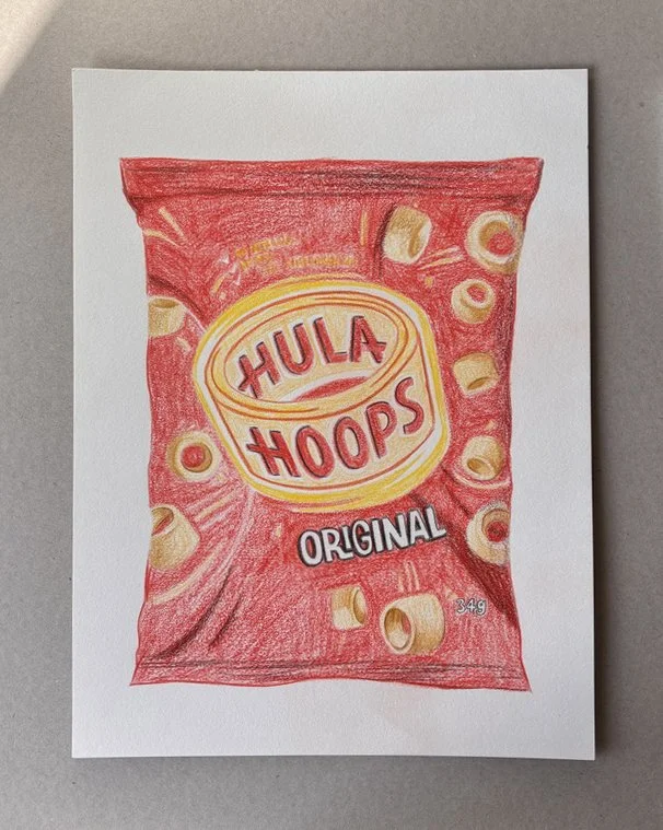 Drawing of a red bag of Hula Hoops Original snack with scattered snack rings.